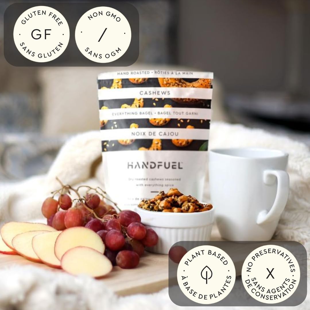 Handfuel Everything Bagel Cashews - Hand Roasted Salted Cashews with 7g Protein | Canadian Made Plant Based Flavored Nuts | 40g Per Pouch (12 Count) | Perfect for Snacking, Gifts & Healthy On-the-Go Lifestyle