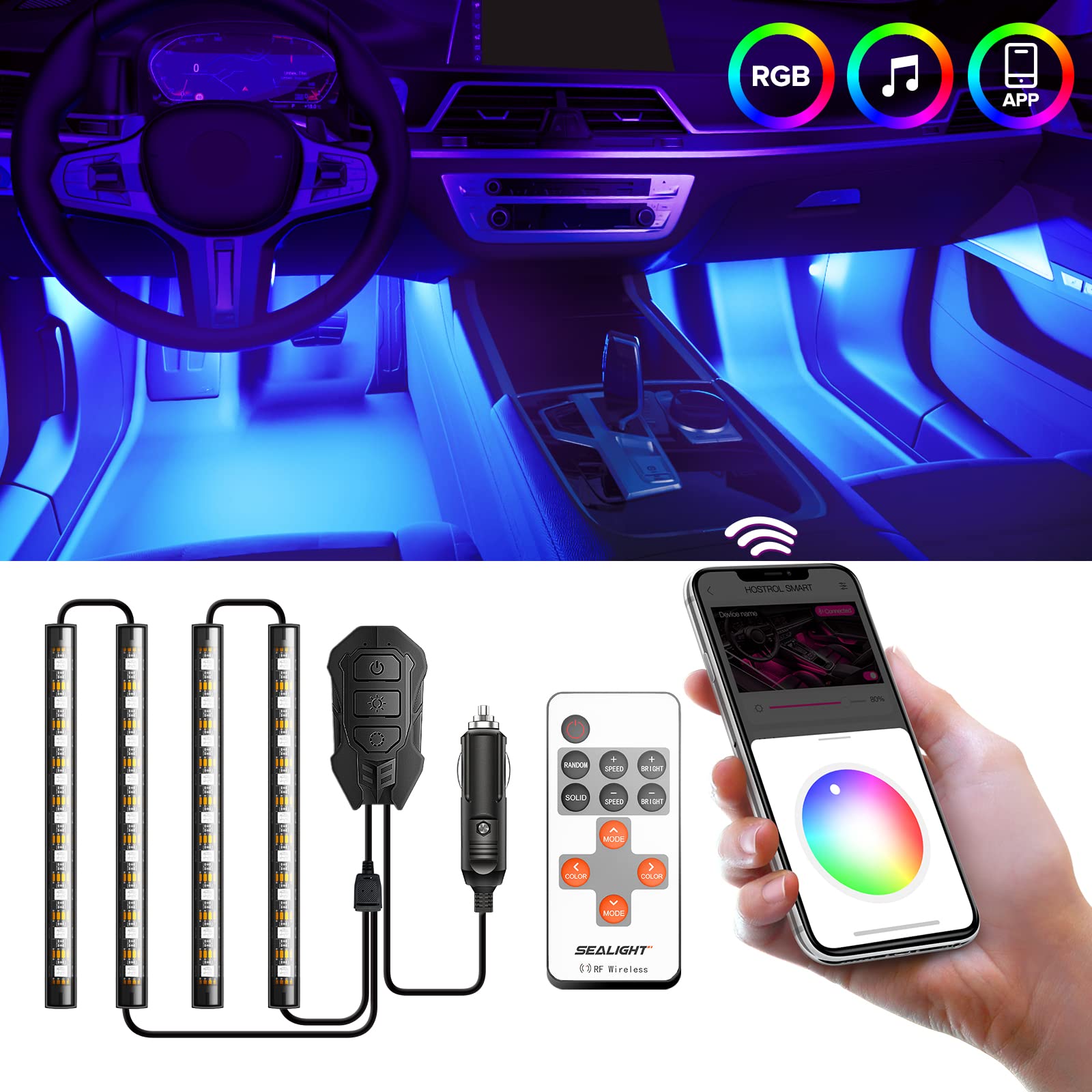 SEALIGHT RGB Interior Car LED Lights - 16 Million Colors, APP & Remote Control, Speed Sync Mode, 2-Line Design, Easy Installation for Cars, Trucks & SUVs | Perfect for Night Driving, Car Parties & Interior Customization