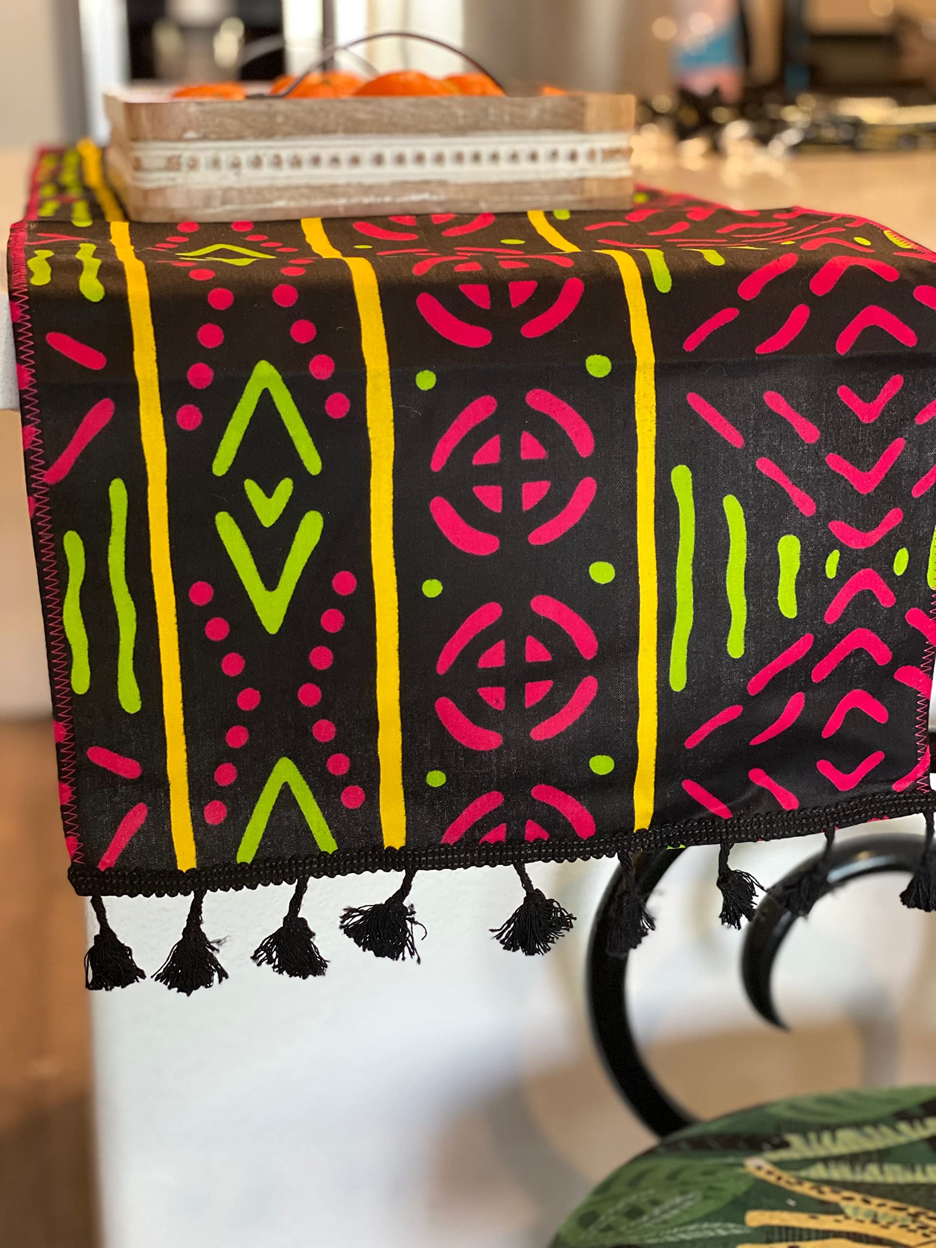 SUNSUM Handmade Cotton Wax Print Coffee Table Runner - Pink & Green Boho Style Decorative Table Cover for Dining Room, Living Room, Wedding Decor