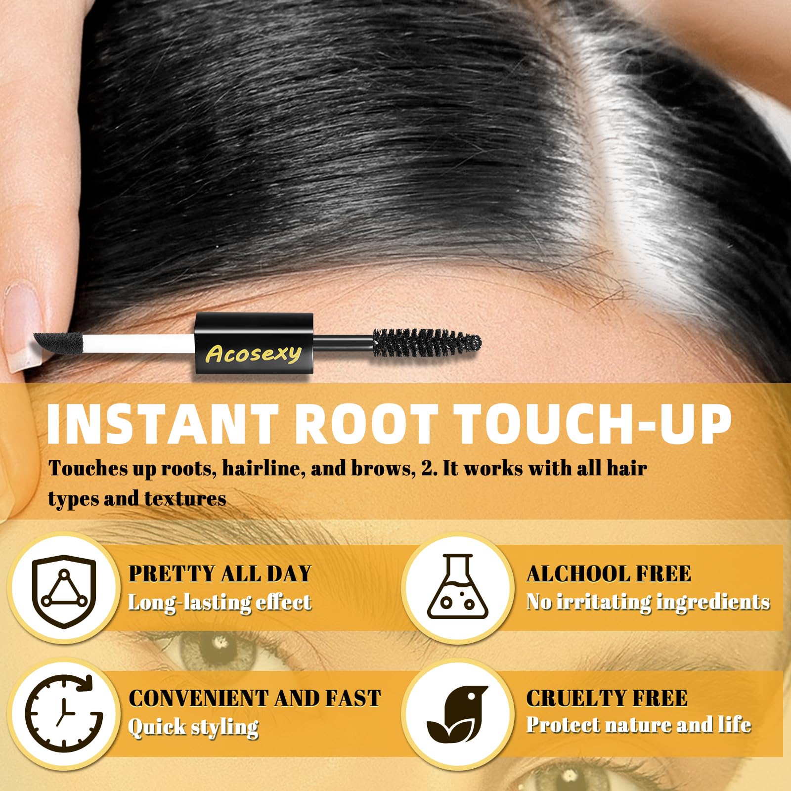Gray Root Touch Up Brush-in Wand - Quick Cover Hair & Beard Concealer, Water-Resistant Temporary Mascara for Natural Look (Black, 1 Pack) - Perfect for Covering Gray Roots, Mustache & Beard Between Salon Visits