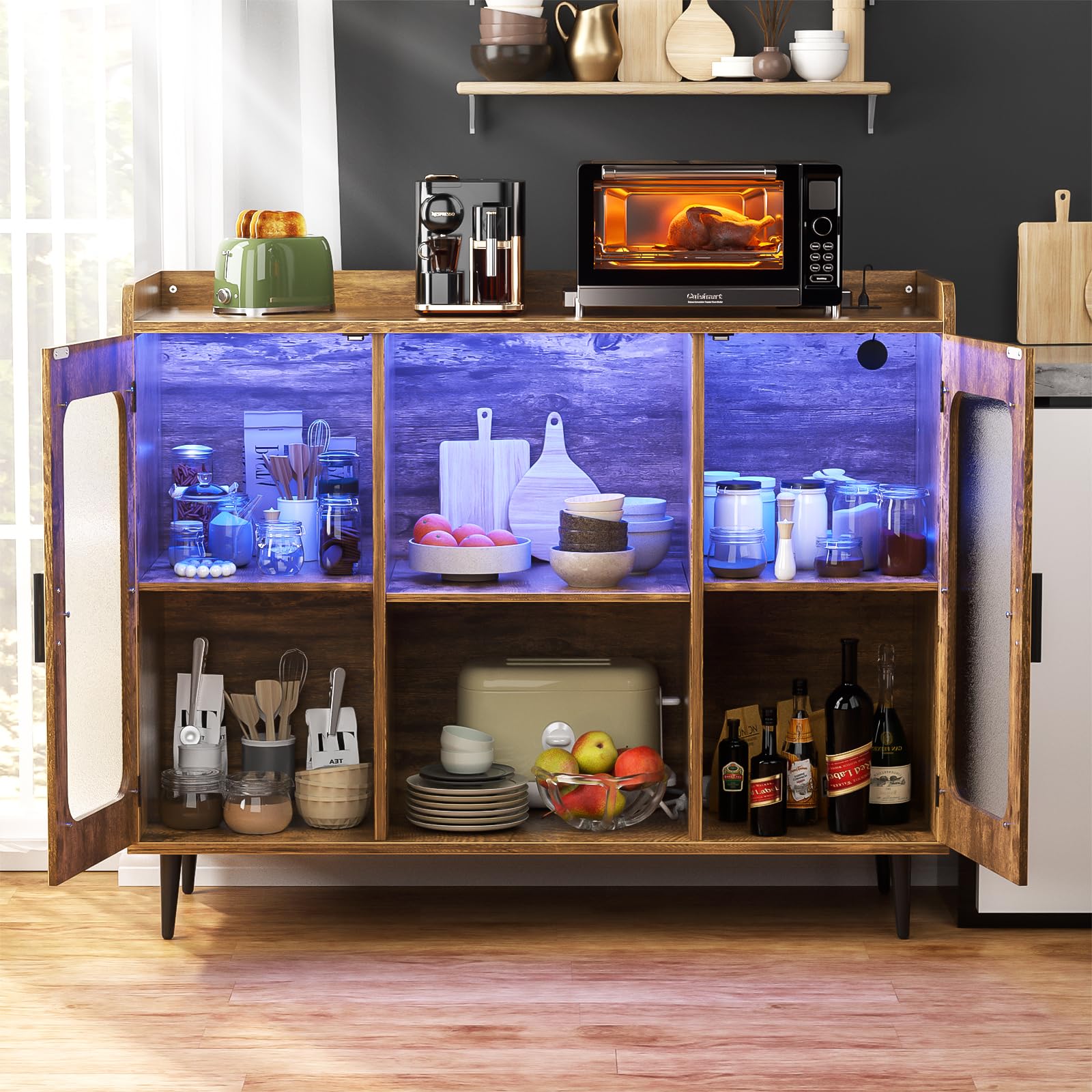 Modern Liquor Cabinet Bar with Built-in Power Outlet & LED Lighting - Wine Storage Cabinet with Glass Rack, Coffee Bar Station, Buffet Sideboard with Storage Shelves for Kitchen & Dining Room - Rustic Brown Finish - Perfect for Home Entertaining & Small Space Organization