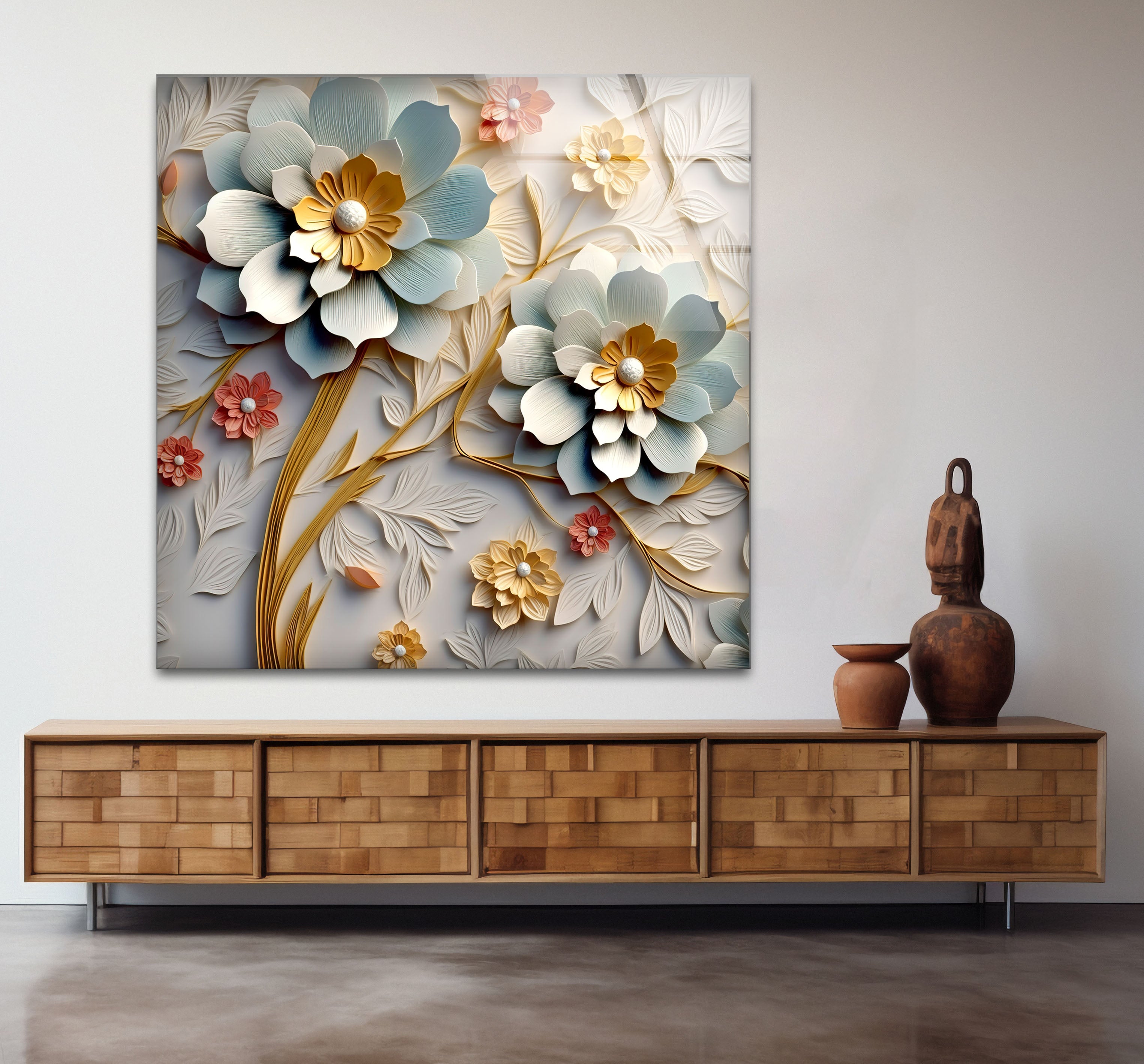 3D Blooming Flower Wall Art - Elegant Embossed Glass Floral Print for Home Decor, Living Room, Bedroom, Office | Modern Botanical Wall Decor for Interior Design