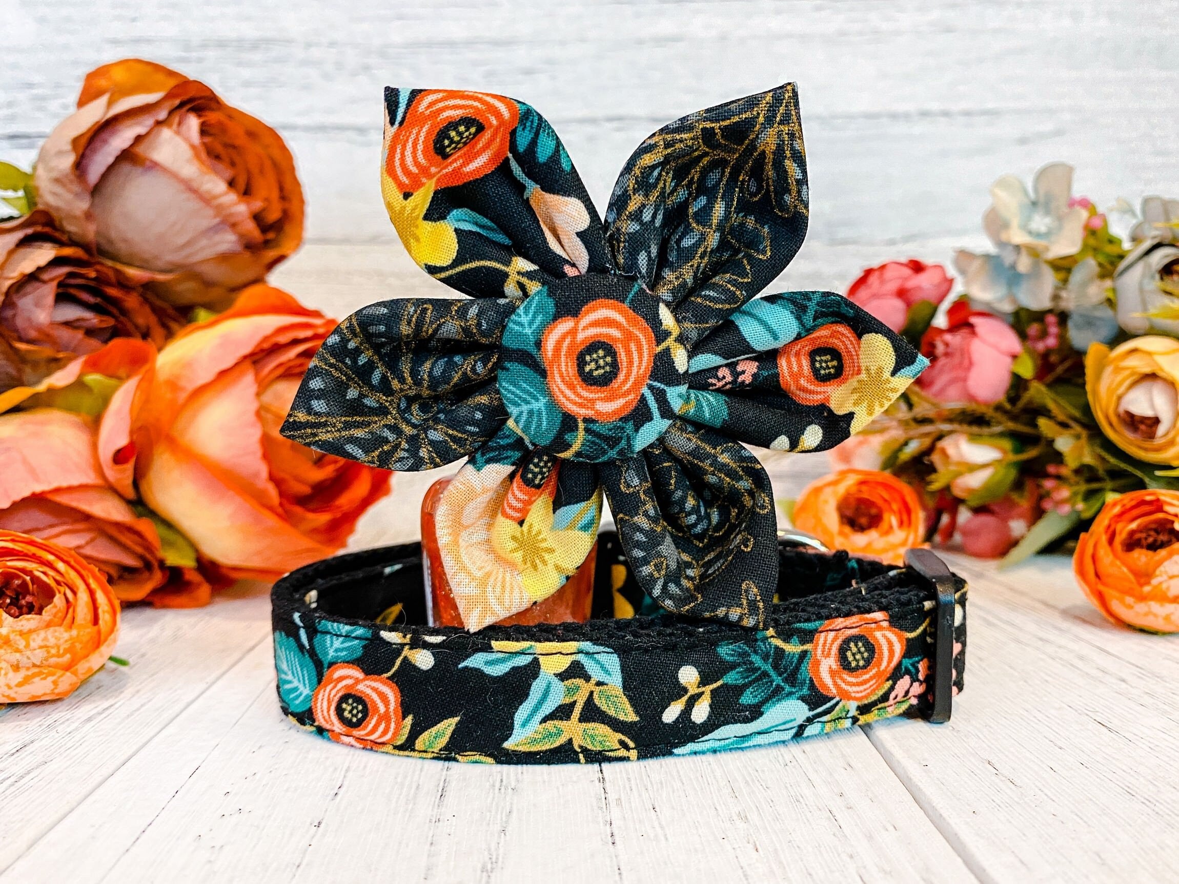 Rifle Paper Co Floral Dog Collar with Flower - Black Birch Design | Perfect for Pet Fashion, Photo Shoots & Special Occasions