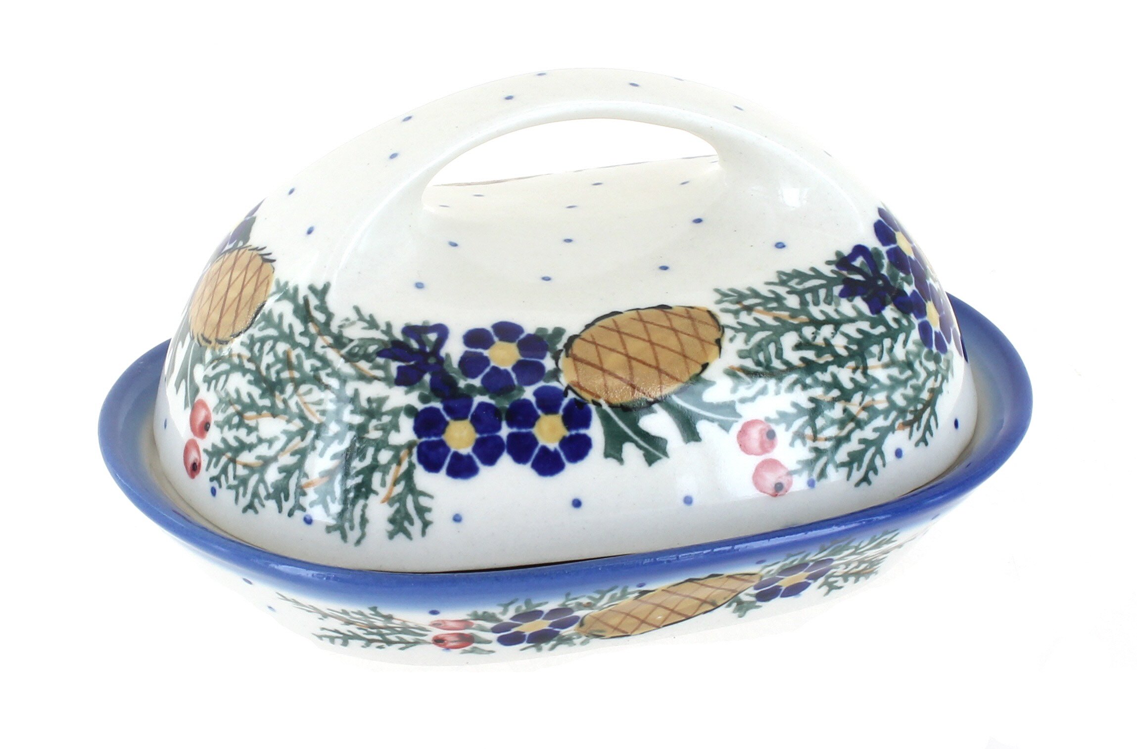 Handmade Blue Rose Polish Pottery Pinecone Butter Dish - Ceramic Butter Keeper with Lid for Kitchen, Dining Table & Gift Giving