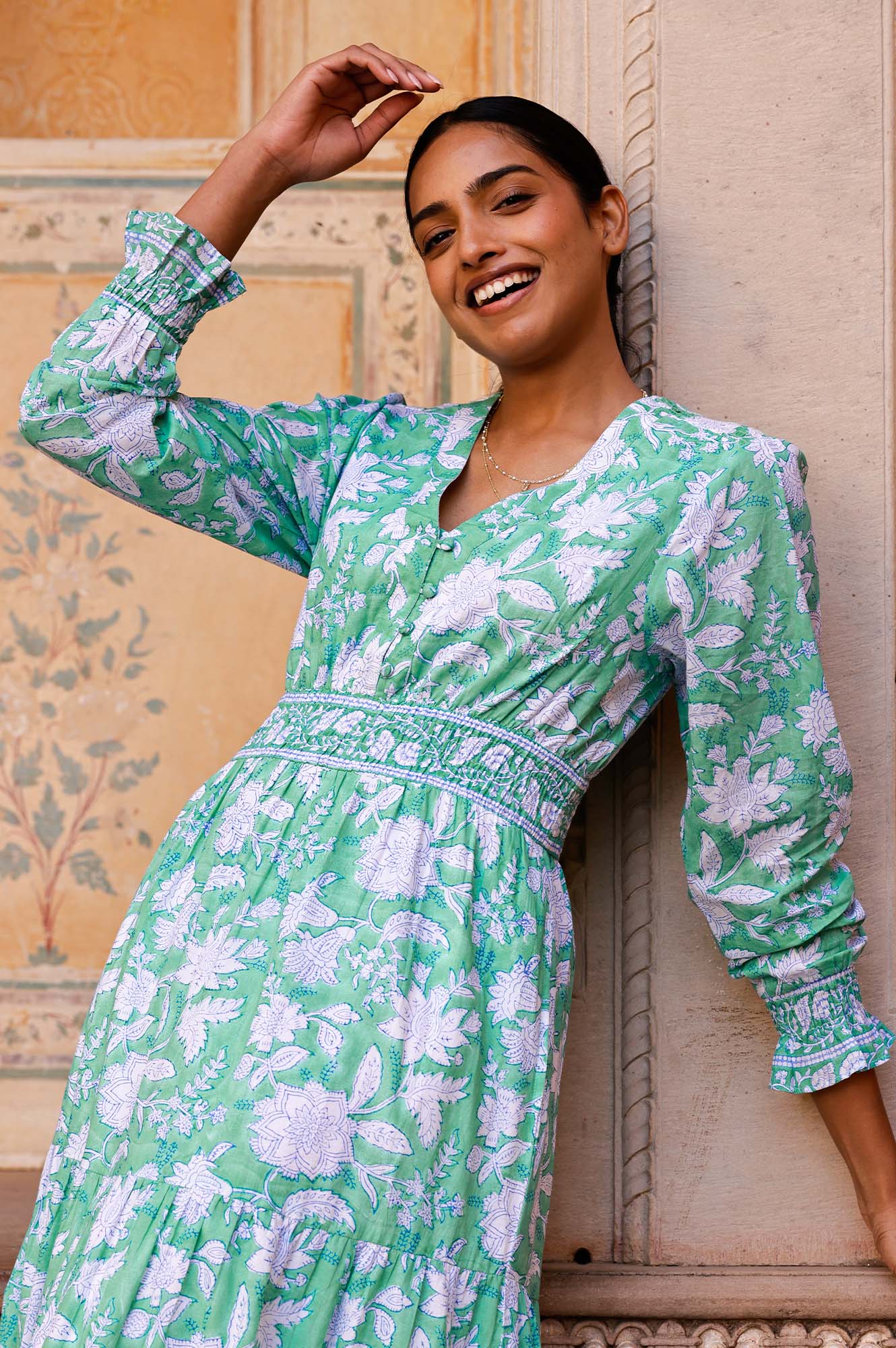 Billie Organic Cotton Block Print Dress - Lotus Green & Blue | Boho Chic Summer Dress for Women | Perfect for Beach, Vacation & Casual Outings