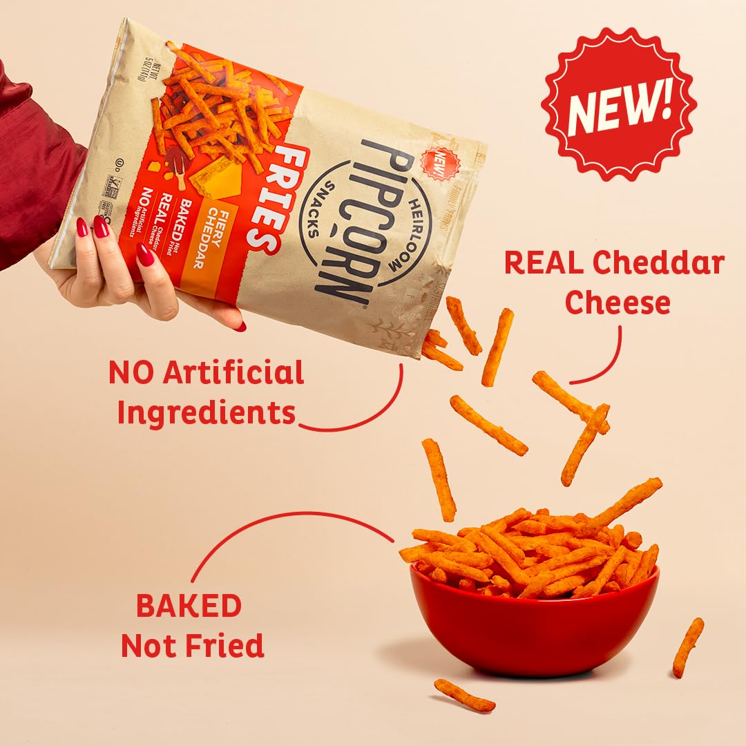 Pipcorn Heirloom Baked Fiery Cheddar Fries - 5oz 6 Pack - Gluten Free, Vegan, Non-GMO Healthy Snacks Made with Upcycled Heirloom Corn Flour | Perfect for Parties, Movie Nights & On-the-Go Snacking