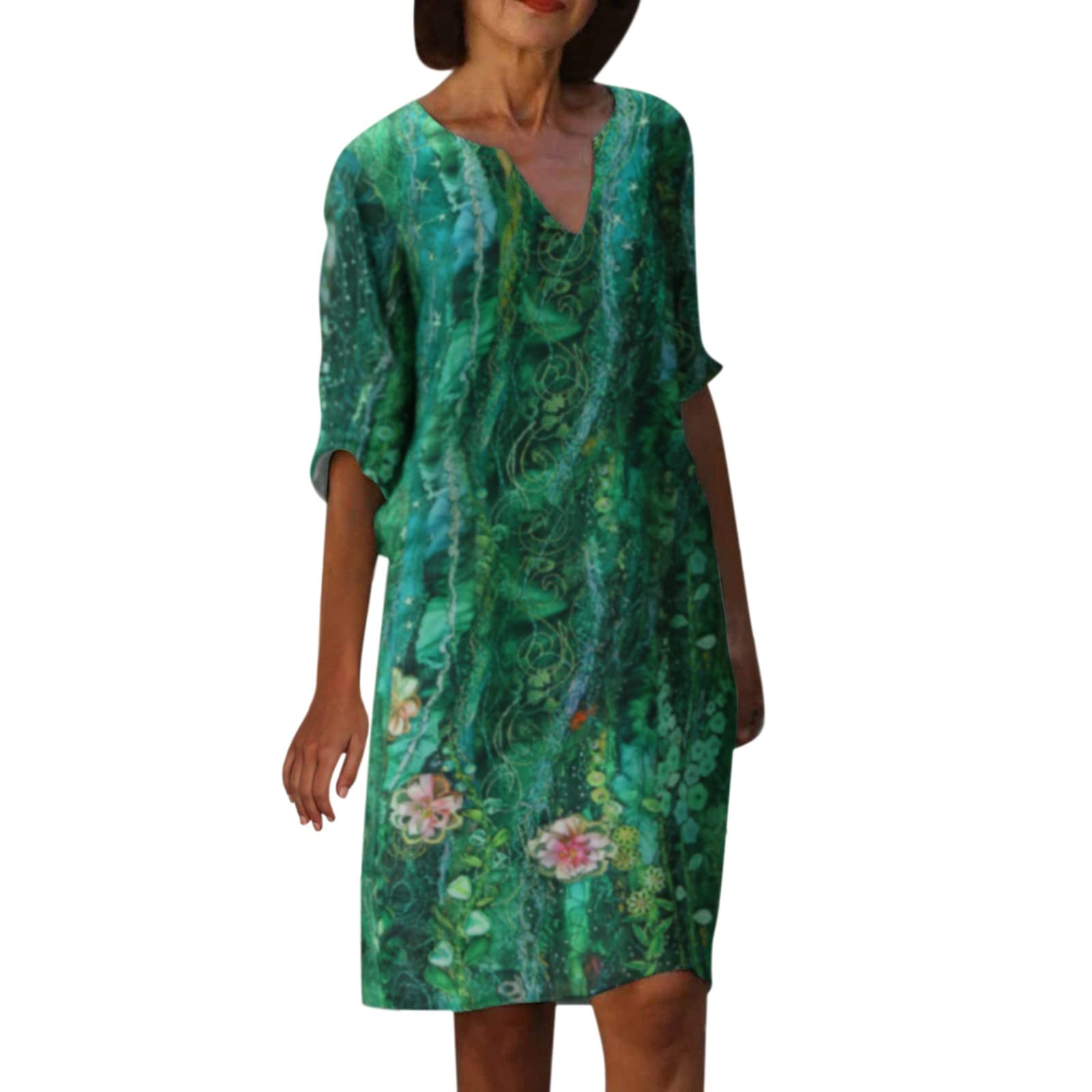 Women's Spring Floral Printed V-Neck Half Sleeve Sundress - Sexy Midi Dress Knee Length Fashion Top for Casual Outings & Beach Vacations