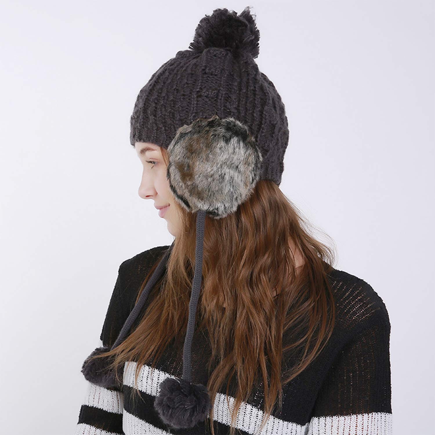 Women's Wool Earflap Hat - Winter Slouchy Chunky Knitted Beanie for Cold Weather - Warm Bonnet Caps for Outdoor Activities, Skiing, Snowboarding & Casual Wear
