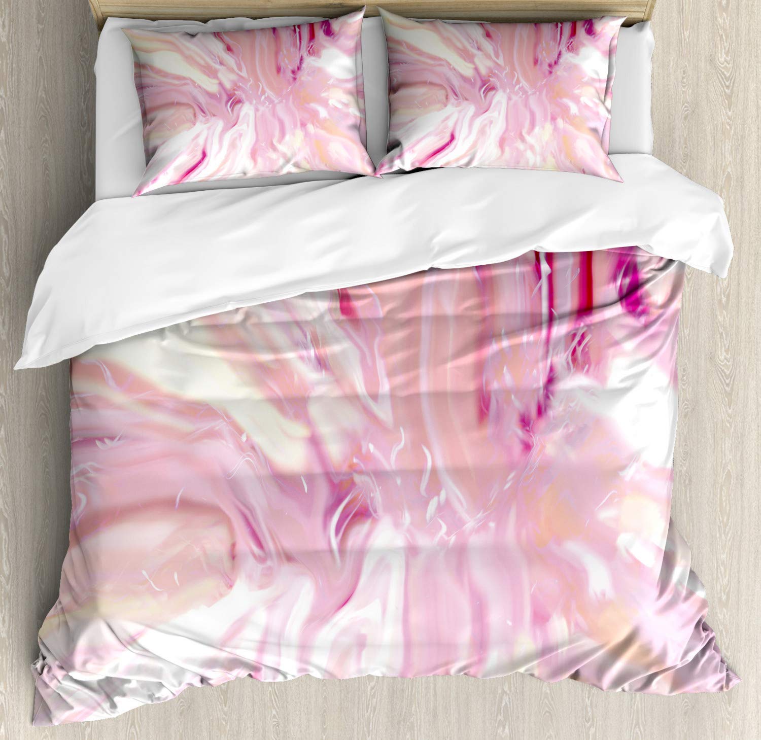 Ambesonne Marble Print Duvet Cover Set - Queen Size 2-Pack with 4 Pillowcases | Watercolor Brushstroke Design in Magenta Coral Cream | Luxury Bedding for Master Bedroom & Guest Room Decor