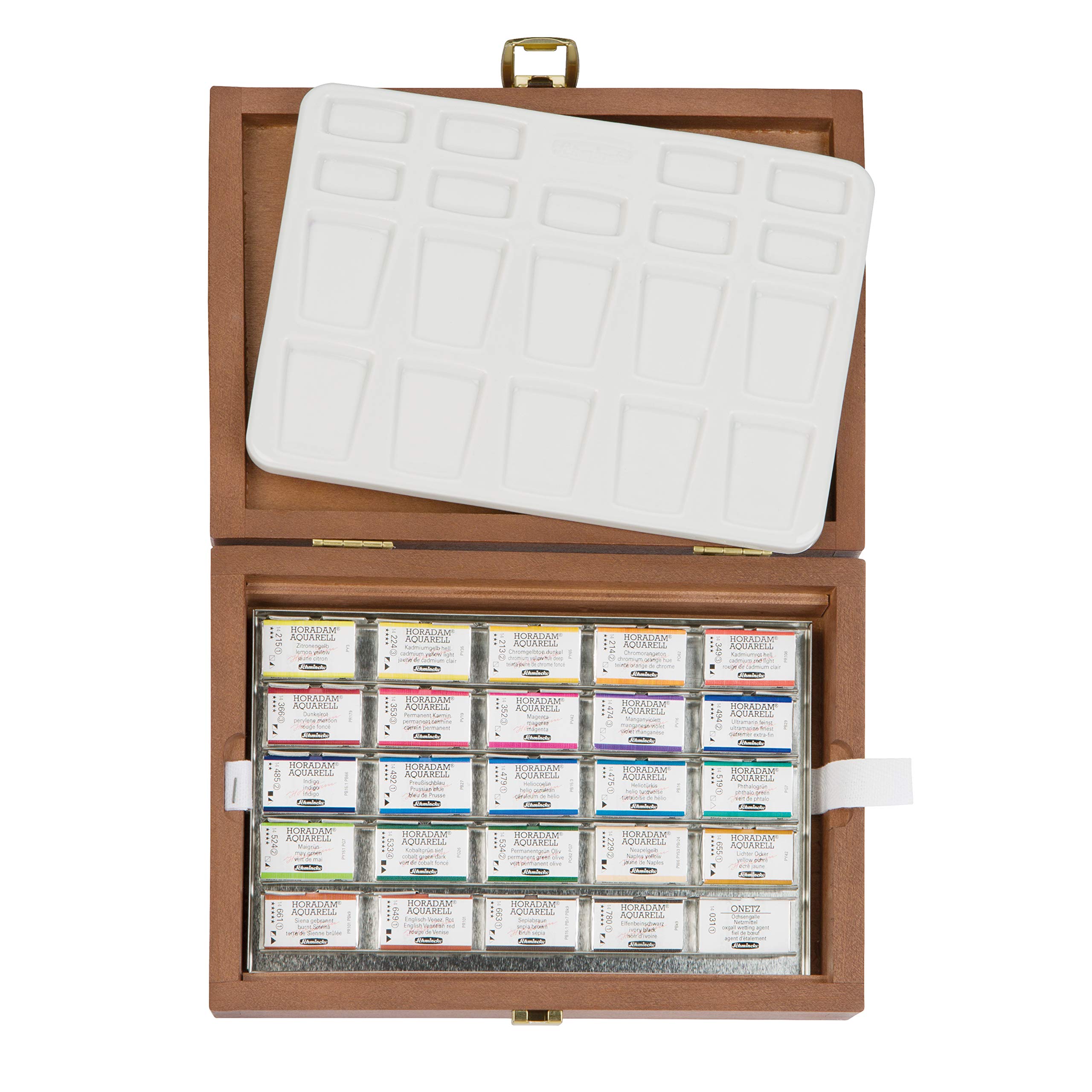 Schmincke HORADAM AQUARELL Premium Watercolor Set - 24 Finest Artist Watercolors in Wooden Box with Porcelain Palette (74524097, 24 x 1/1 Pans) | Perfect for Professional Artists, Watercolor Painting & Studio Art Projects