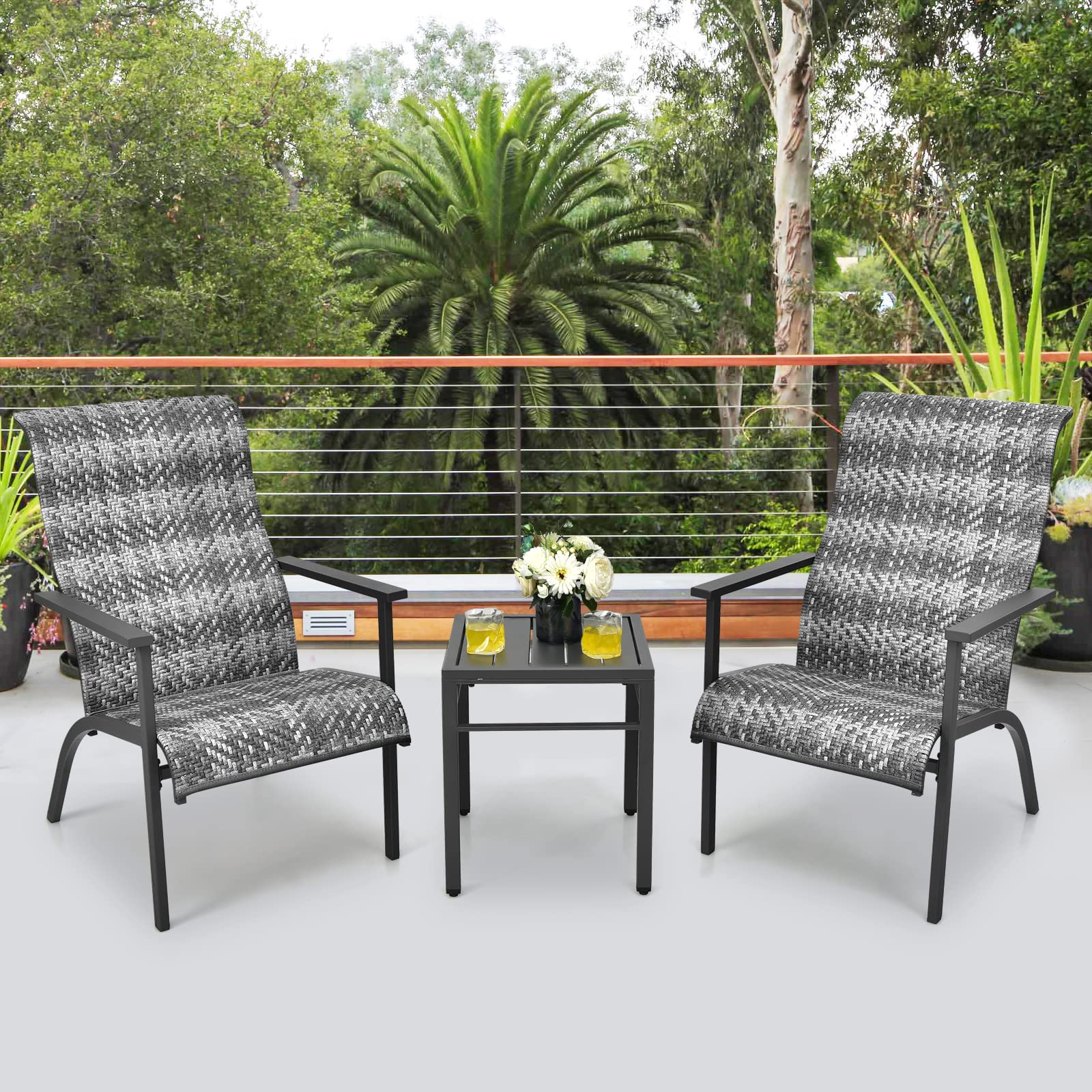 Tangkula 3-Piece Patio Bistro Set - PE Rattan Chairs & Coffee Table, Outdoor Conversation Furniture with High Backrest & Rust-Resistant Steel Frame - Perfect for Patio, Garden, Poolside, Backyard & Balcony (Mix Gray) | Ideal for Relaxing, Entertaining & Outdoor Dining