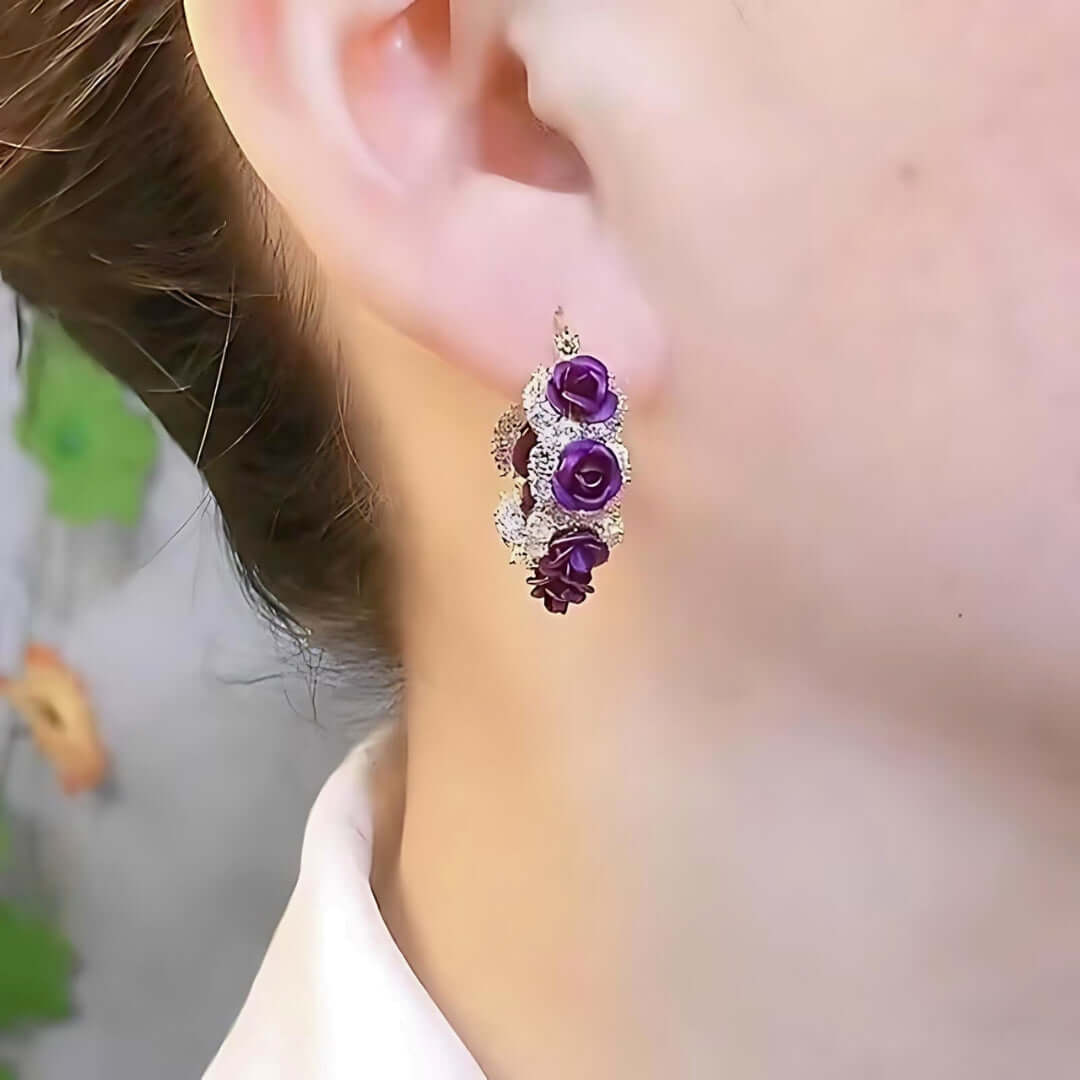 Romantic French Falling Rose Lever Back Hoop Earrings for Women - Dainty Floral Dangle Earrings for Date Night, Wedding & Special Occasions | D4216