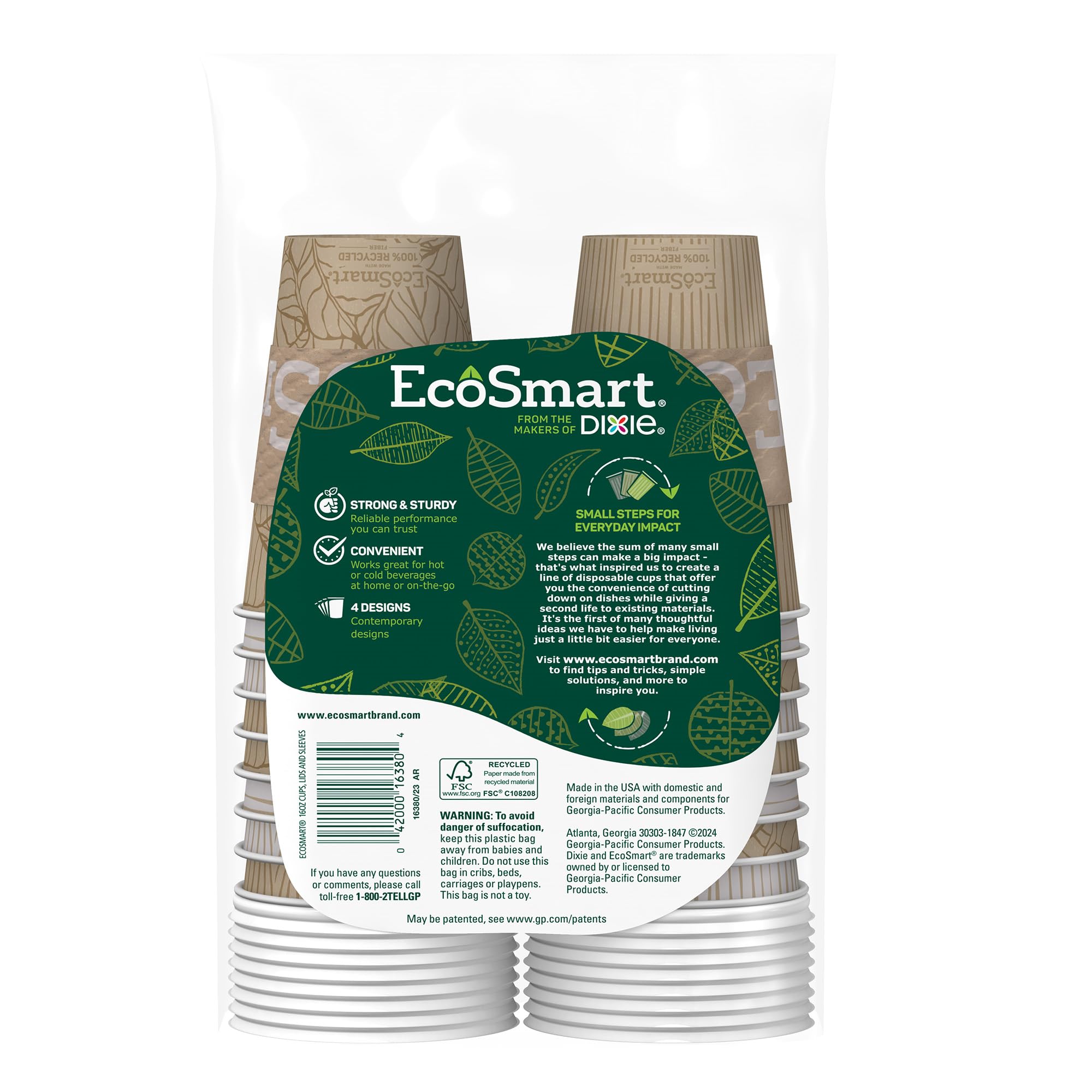 Dixie EcoSmart 16 Oz Recycled Fiber Paper Coffee Cups with Lids - 96 Count (Pack of 6) - 100% Recyclable Hot Beverage Cups for Coffee, Tea, and Hot Chocolate - Perfect for Offices, Cafes, and Home Use