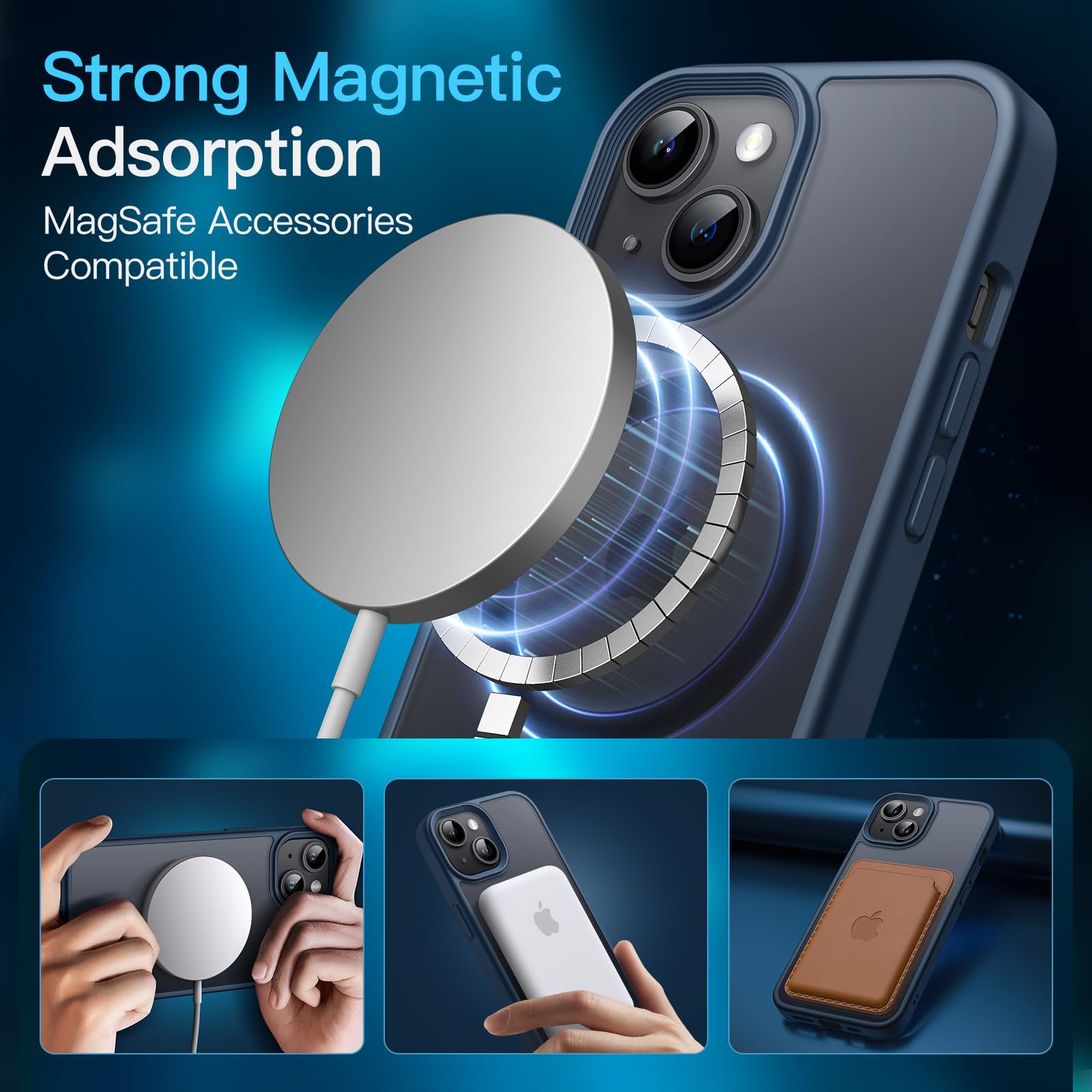 JETech 3 in 1 Magnetic Case for iPhone 14 Plus 6.7-Inch | Shockproof Translucent Matte Cover with 2 Pack Tempered Glass Screen Protectors | Magsafe Compatible Phone Case (Storm Blue) | Perfect for Work, Travel & Everyday Protection