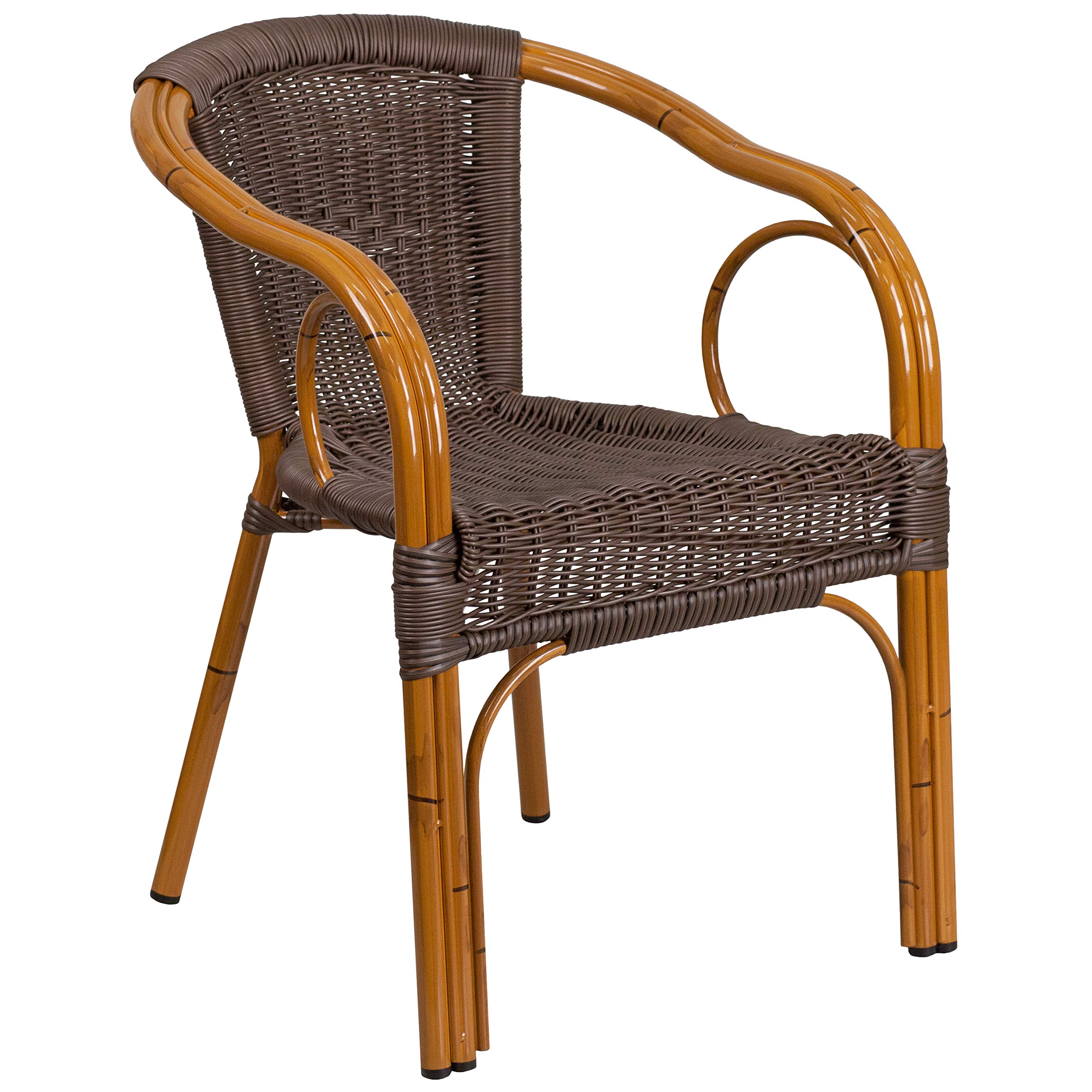 EMMA + OLIVER Dark Brown Rattan Patio Chair with Red Bamboo-Aluminum Frame - Outdoor Dining, Poolside Relaxation & Garden Decor