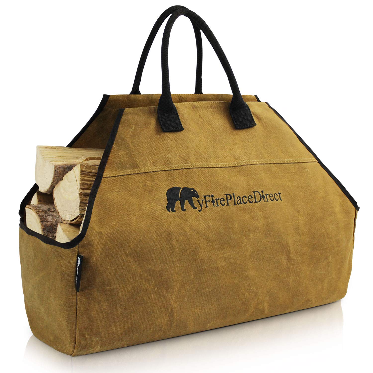 Heavy Duty Waxed Canvas Firewood Tote Bag - Extra Large Log Carrier with Reinforced Handles & Embroidered Logo - Durable Wood Hauling Bag for Camping, Fireplace & Outdoor Use