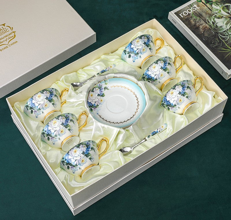 Elegant British Ceramic Coffee Cups and Tea Set with Saucer - Royal Bone China Porcelain Tea Cup Gift Box Set with Rose Flower Pattern - Perfect for Afternoon Tea, Gifts, and Home Decor