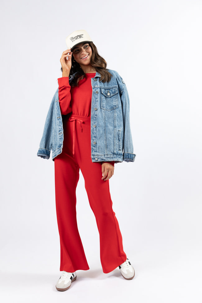Stylish Red Boat Neck Jumpsuit for Women - Comfortable & Fashionable Outfit for Parties, Dates & Casual Wear | Final Sale