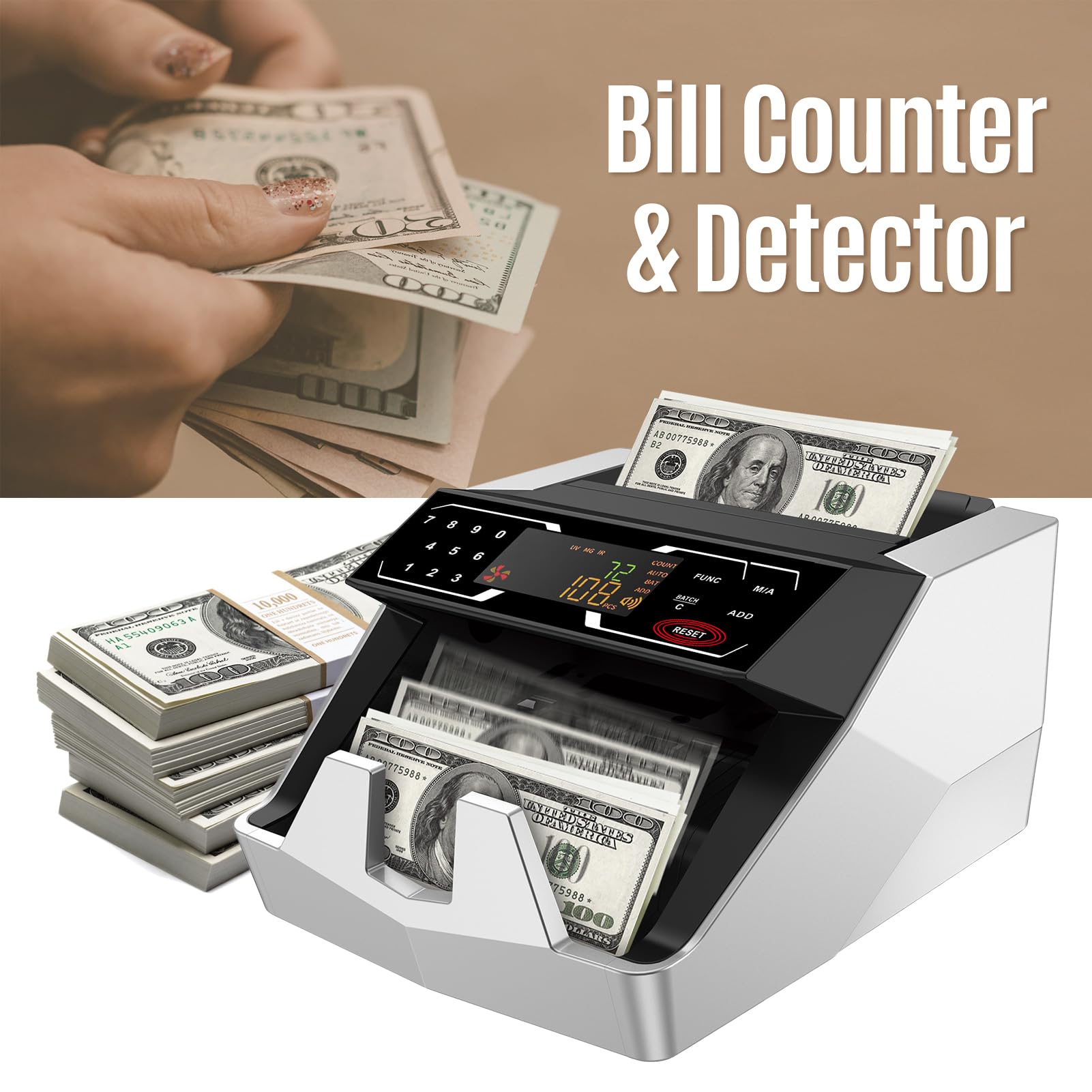 BISOFICE Automatic Money Counter Machine with UV/MG/IR Detection - High-Speed Cash Counter for US Dollars, Add & Batch Modes | Perfect for Banks, Retail Stores & Small Businesses