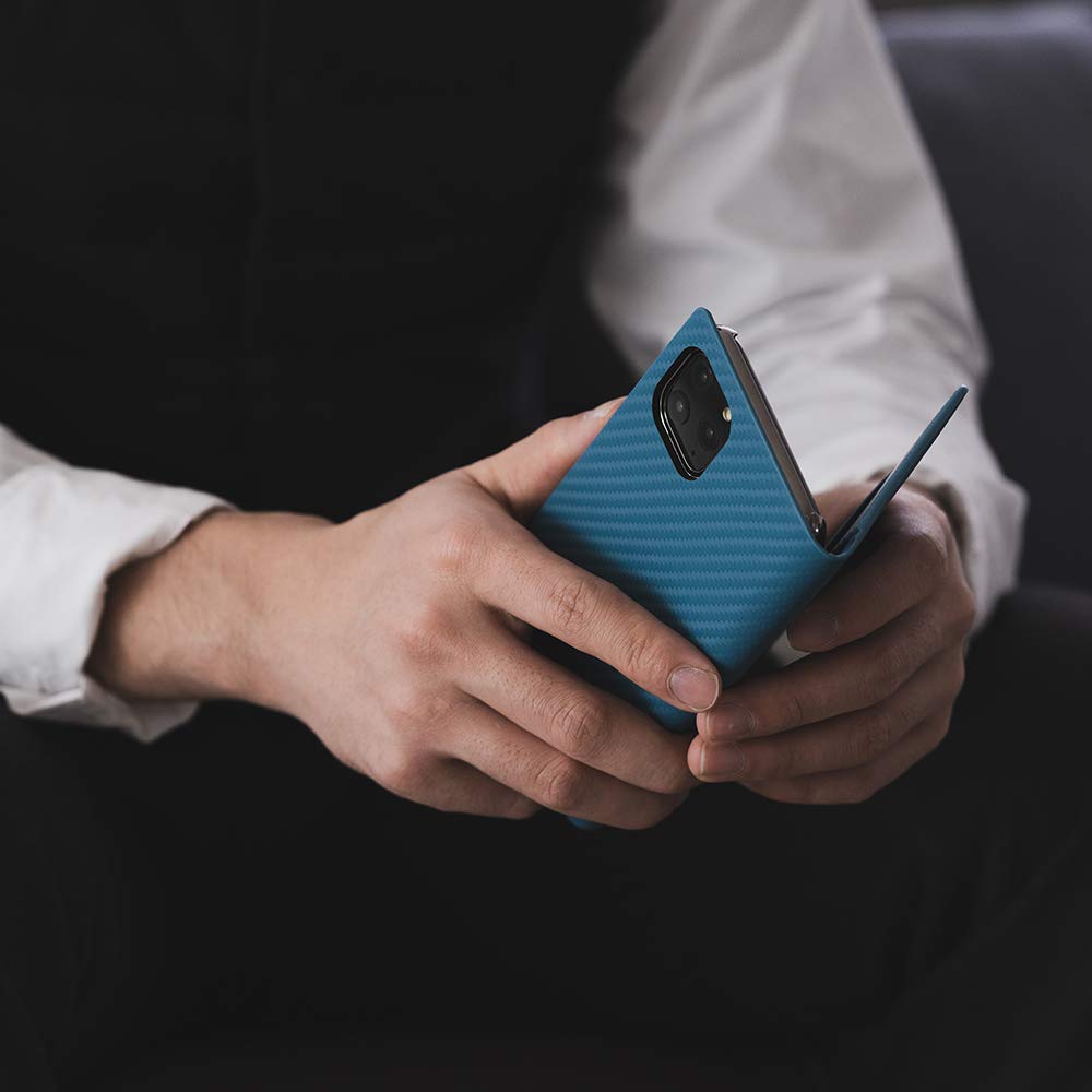 Premium Italian Carbon Leather Wallet Case for iPhone 11 Pro - Handmade Diary Style with Multiple Card Slots & Side Cash Pocket | Luxury Protective Phone Cover | Perfect for Business, Travel & Everyday Use (Blue, Gift Box Included)
