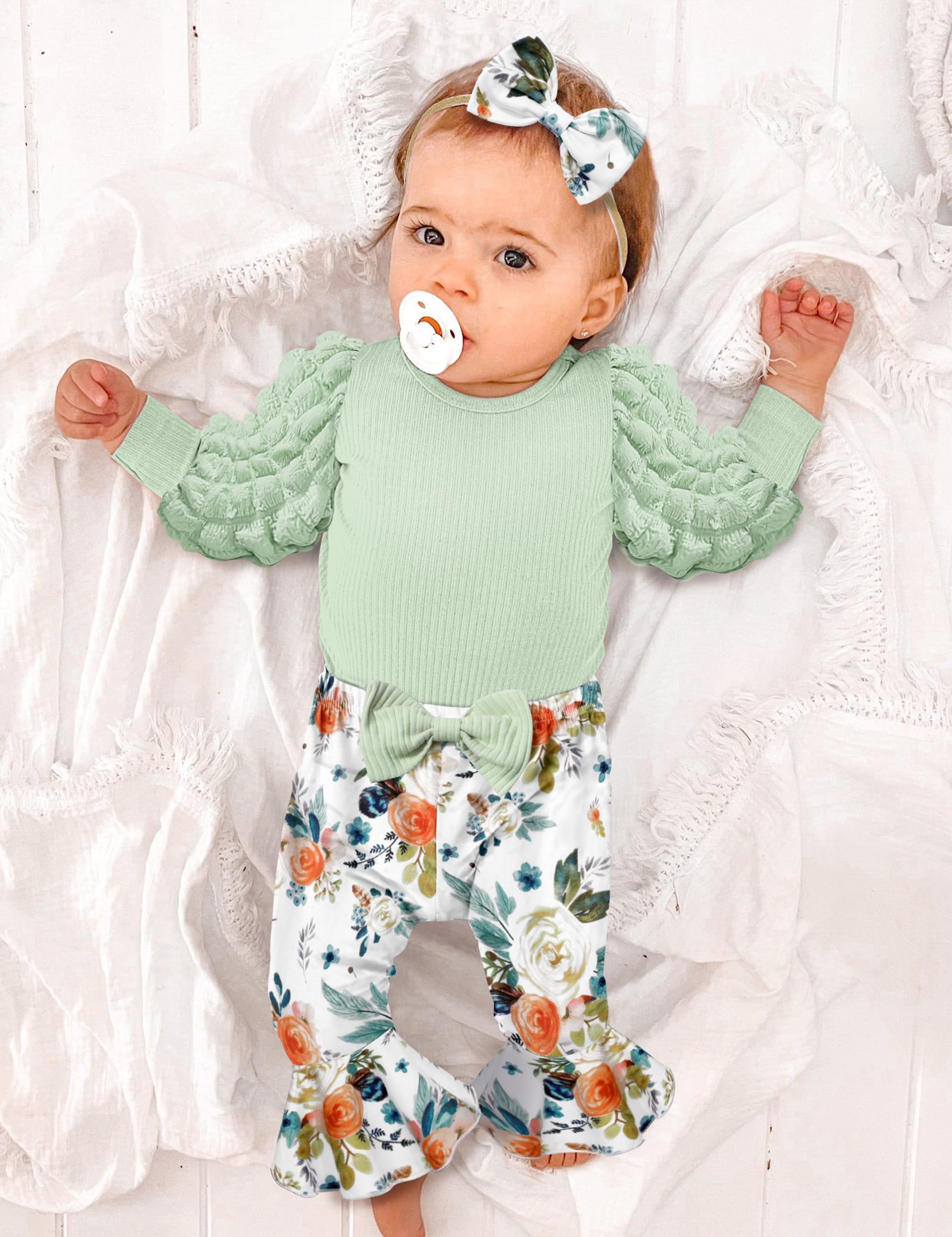 NAPU Baby Girl Clothes - 3Pcs Long Sleeve Romper Outfit Set with Flare Pants & Headband | Winter & Fall Baby Girl Outfits | Perfect for Holiday Photos, Family Gatherings & Daily Wear
