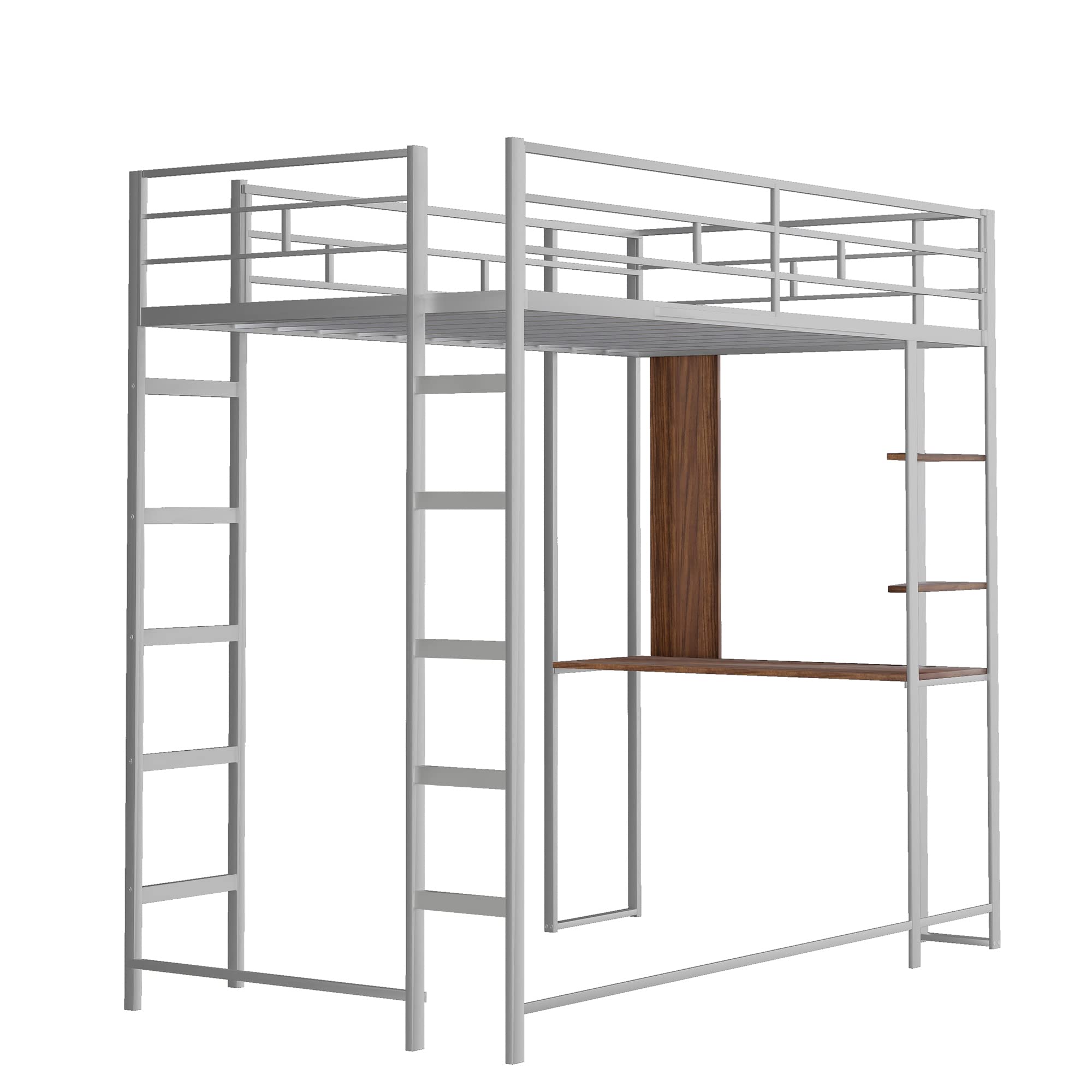 Harper & Bright Designs Twin Size Metal Loft Bed with Shelves & Desk - Sturdy Loft Bed Frame with Dual Ladders & Safety Rails for Kids, Teens & Adults - Space-Saving Study & Sleep Solution (No Box Spring Needed, Silver) - Perfect for Small Bedrooms, Dorms & Studio Apartments