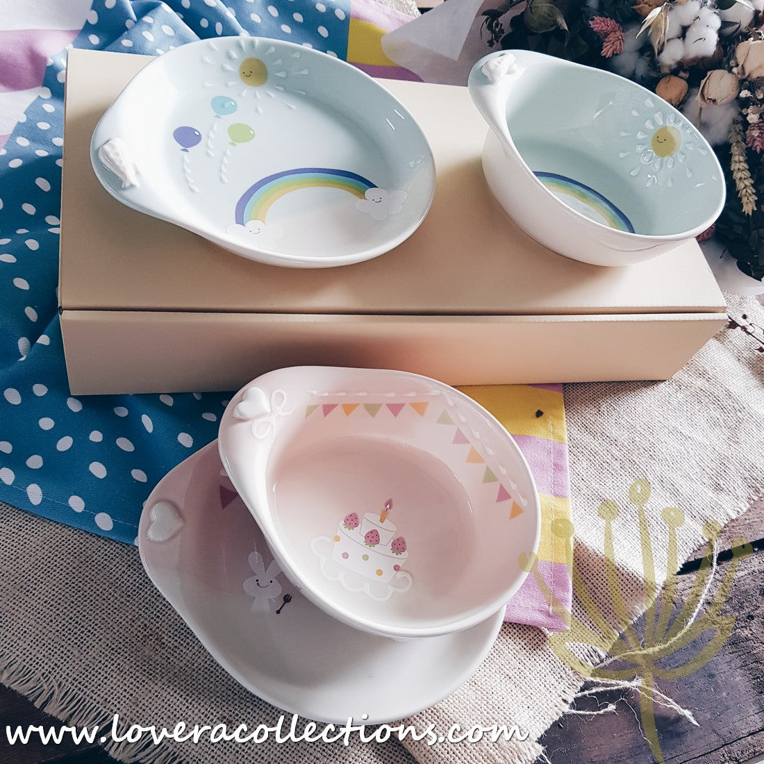 Chikudouen x Lovera Blue Balloon Kids Dinnerware Set - 4-Piece Children's Tableware Gift for Birthday & Holidays (Plates, Bowls, Cups & Utensils) - Perfect for Parties, Daily Meals & Special Occasions
