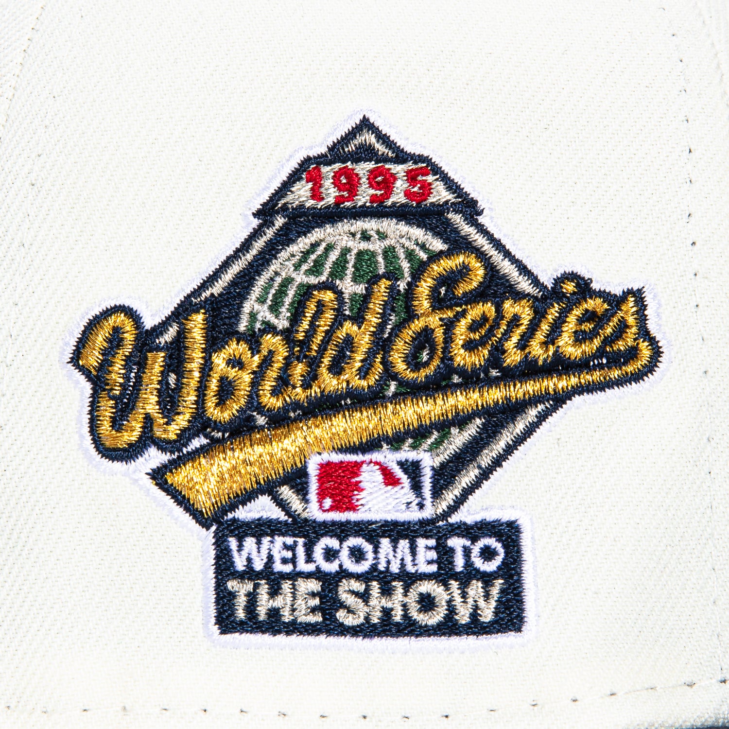 New Era 59Fifty Cleveland Guardians 1995 World Series Patch Script Baseball Cap - White, Navy, Red Snapback Hat for MLB Fans & Sports Enthusiasts - Perfect for Games, Collecting & Streetwear Fashion
