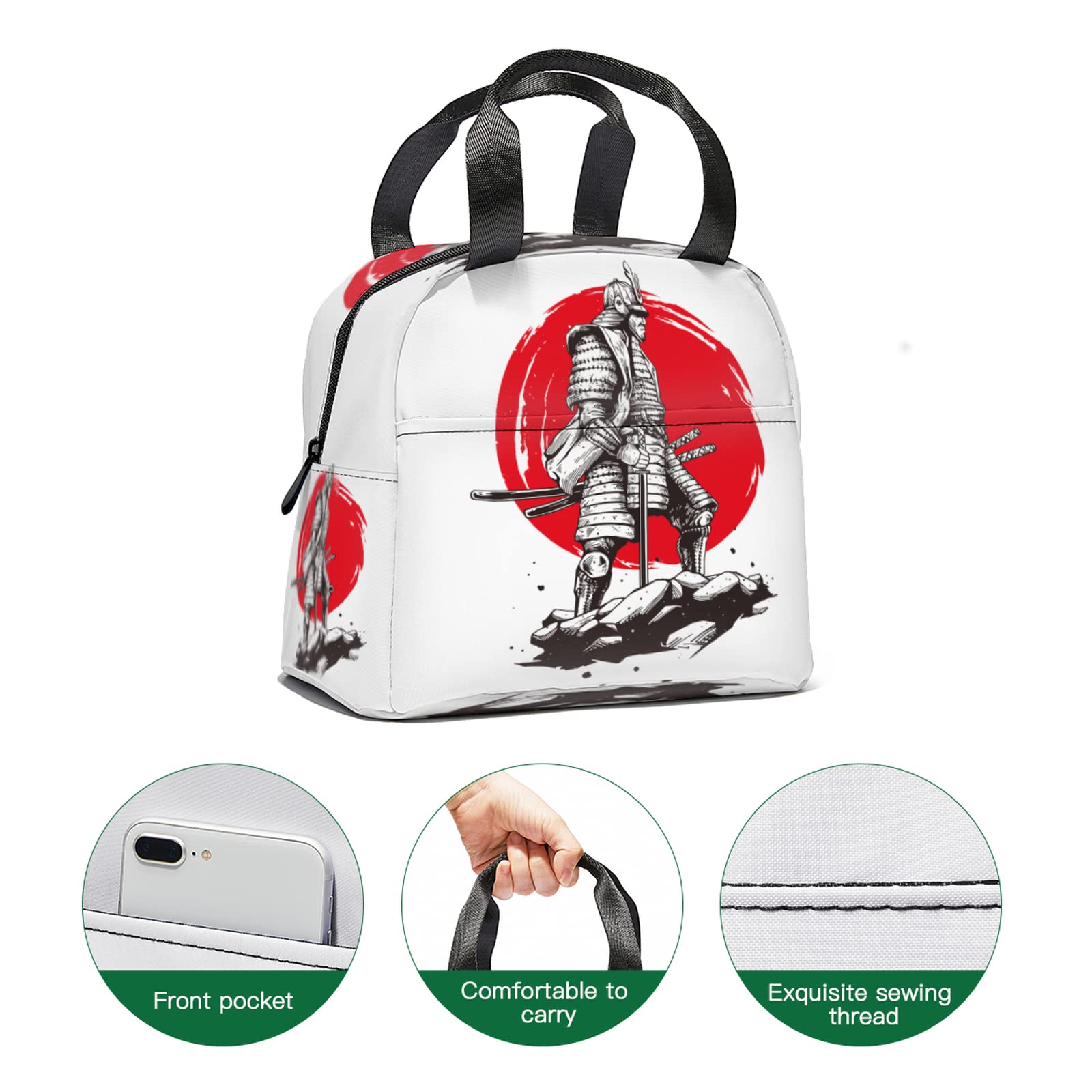 Japanese Samurai Warrior Lunch Tote Bag - Insulated Reusable Lunch Box with Front Pocket for Men & Women | Perfect for School, Office, Picnic & Daily Commute
