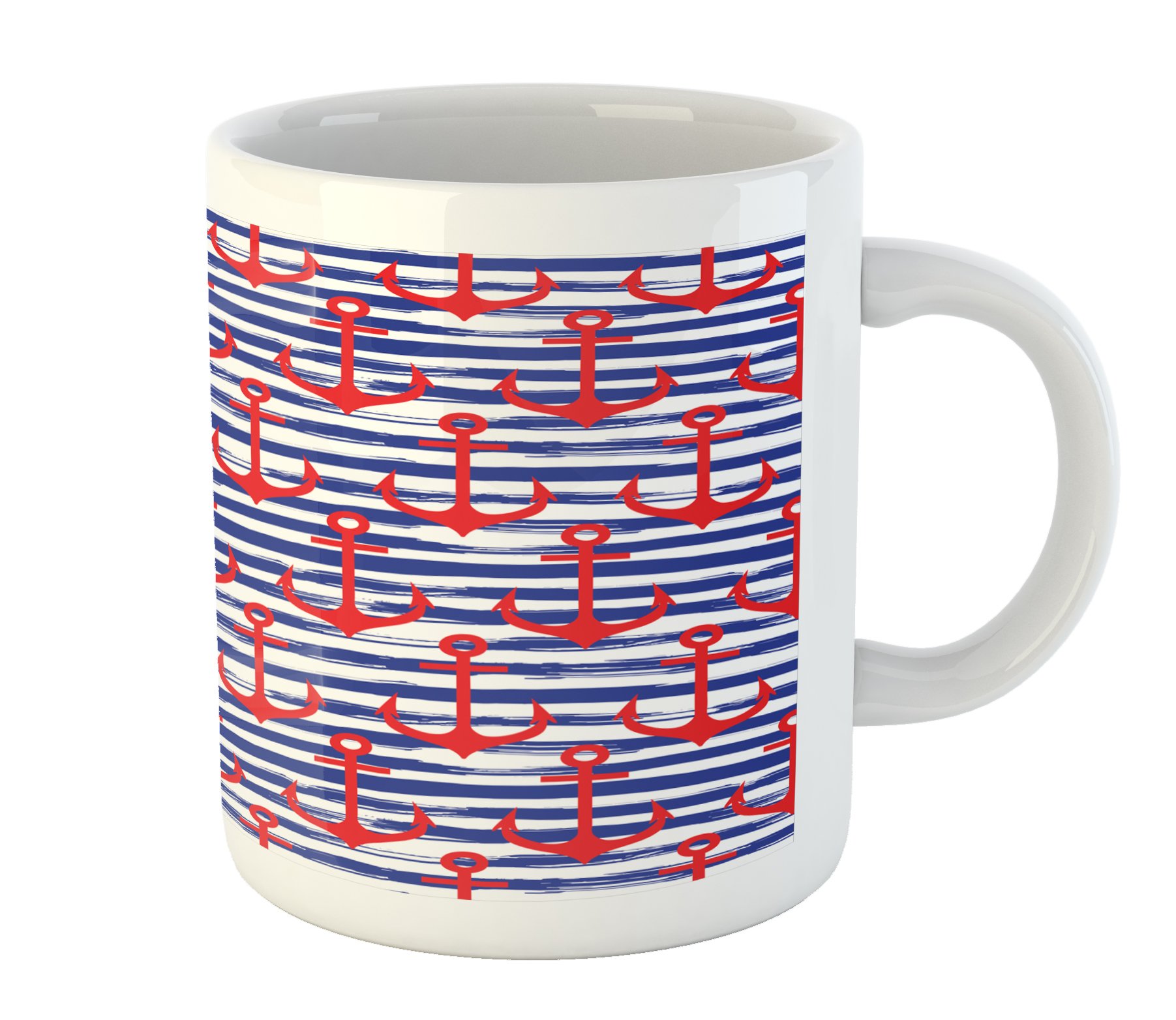 Lunarable Anchor Mug - Printed Ceramic Coffee Cup for Tea & Water, Navy Blue Red White Striped Design with Geometric Anchor Art - Perfect for Holiday Parties, Office Use & Home Decor