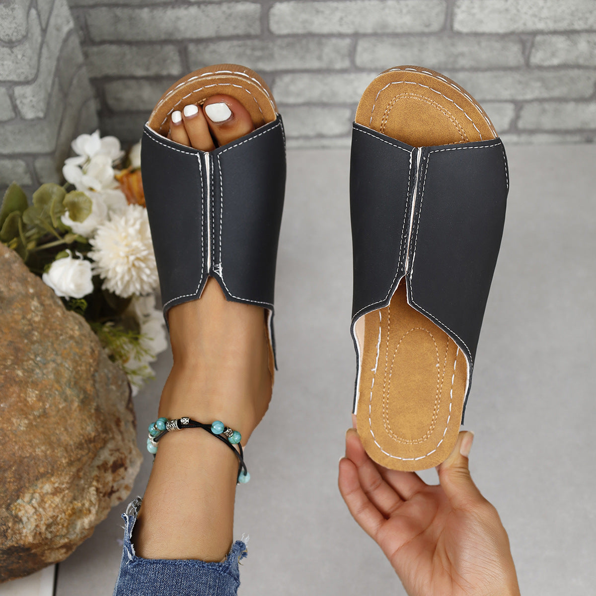 Stylish PU Leather Open Toe Sandals for Women - Comfortable Summer Slide Sandals for Beach, Vacation & Casual Outfits