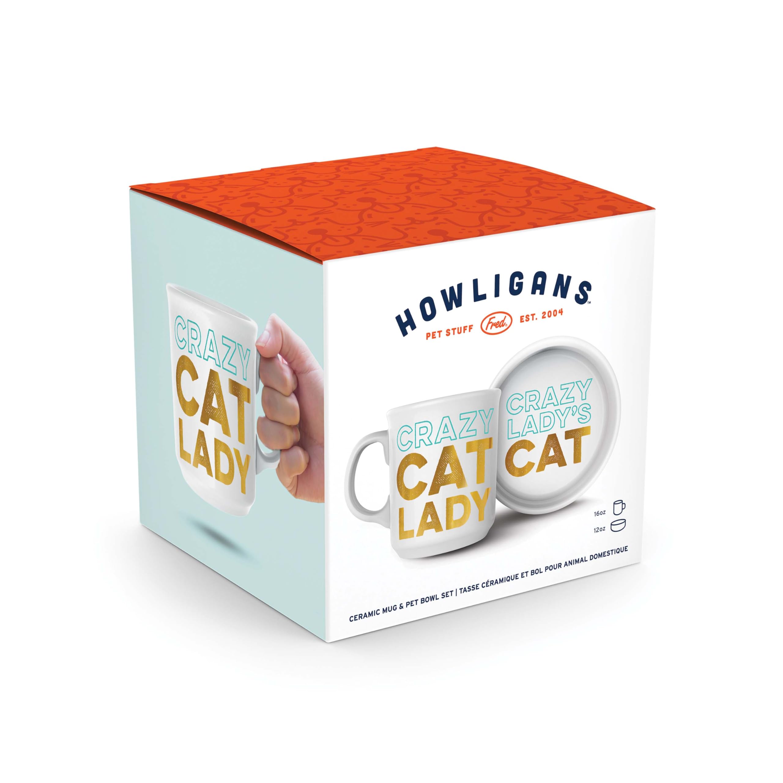 Genuine Fred Howligans Crazy Cat Lady Mug & Cat Bowl Set - Funny White Ceramic Coffee Cup & Pet Dish for Cat Lovers - Perfect Gift for Crazy Cat Ladies & Tea/Coffee Lovers