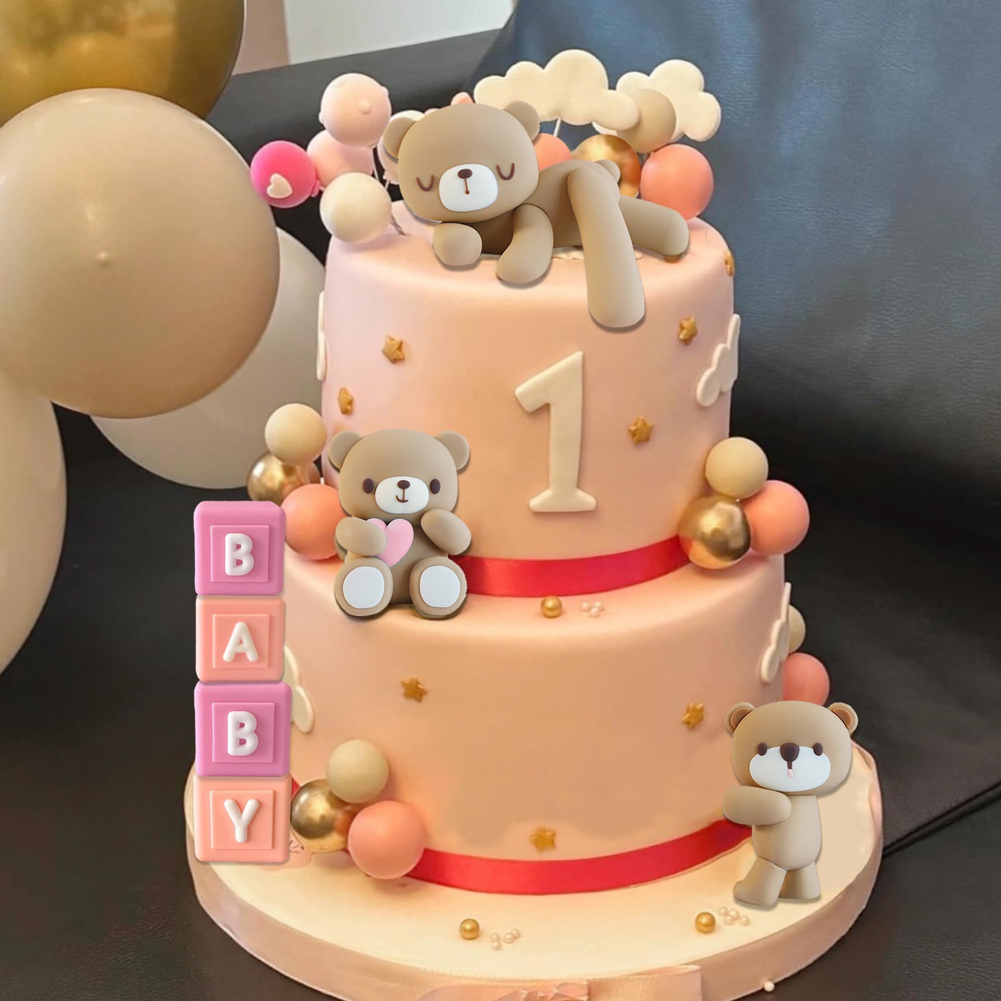 Bear Cake Toppers - Adorable Bear Ball Cake Decorations with BABY Letters for Baby Shower, Birthday Party, Gender Reveal (Pink) - Perfect for Baby Boy/Girl Celebrations, Cupcake Toppers, and Nursery Theme Parties