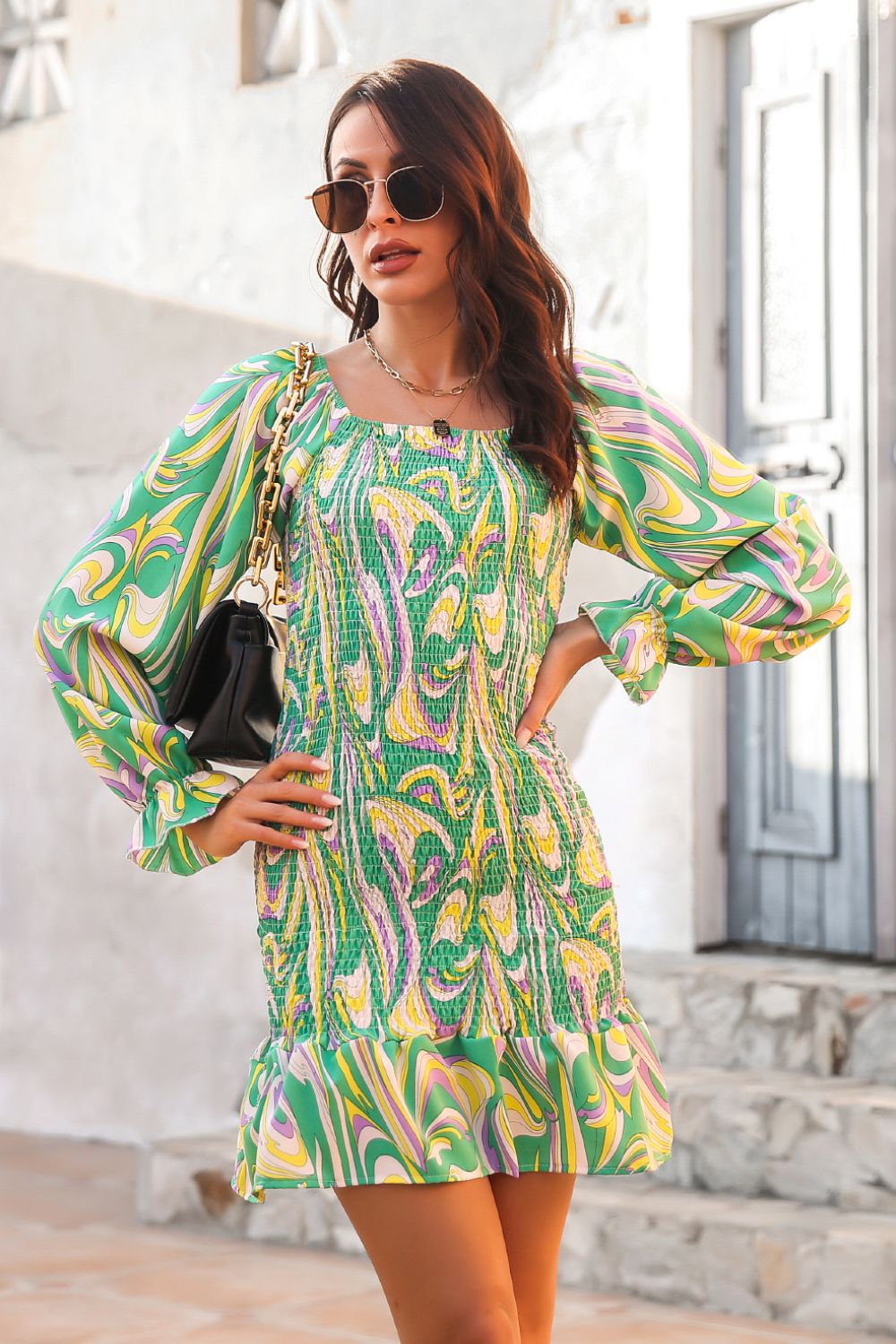 Abstract Print Square Neck Smocked Dress - Flowy Summer Midi Dress for Women | Beach Vacation, Garden Party & Date Night Outfit
