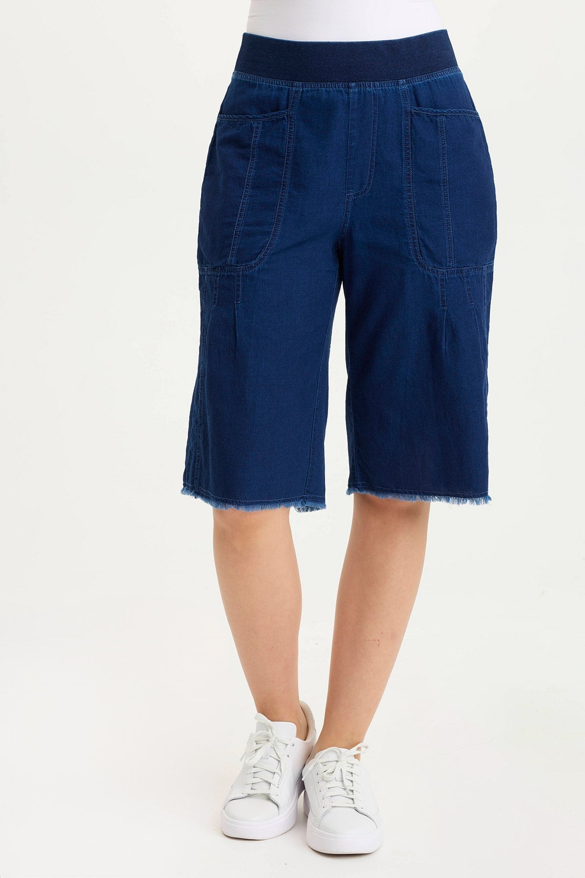 Themia Women's Indigo Twill Pull-On Bermuda Shorts - Comfortable Stretch Waist Casual Summer Shorts for Outdoor Activities & Travel
