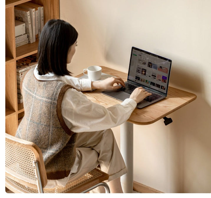 Solid Oak & Ash Wood Adjustable Height Standing Desk - Ergonomic Mobile Workstation for Home Office, Study & Workspace