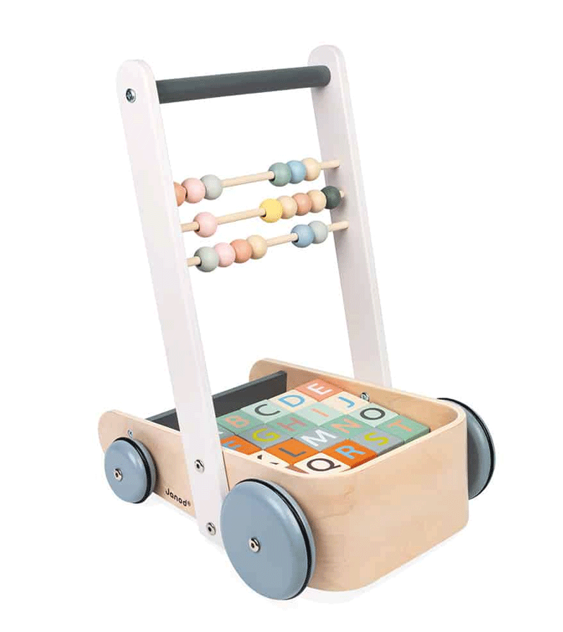 Janod Sweet Cocoon Cart with ABC Blocks - Wooden Toy Wagon for Toddlers, Kids Learning & Play - Perfect for Indoor & Outdoor Activities, Birthday Gifts