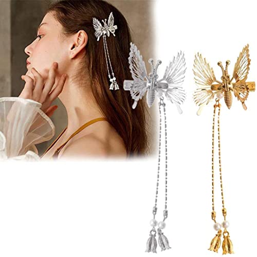 2Pcs Elegant Moving Butterfly Hair Clips - Gold & Silver Shiny Hairpins for Women, Perfect Gift for Parties & Weddings