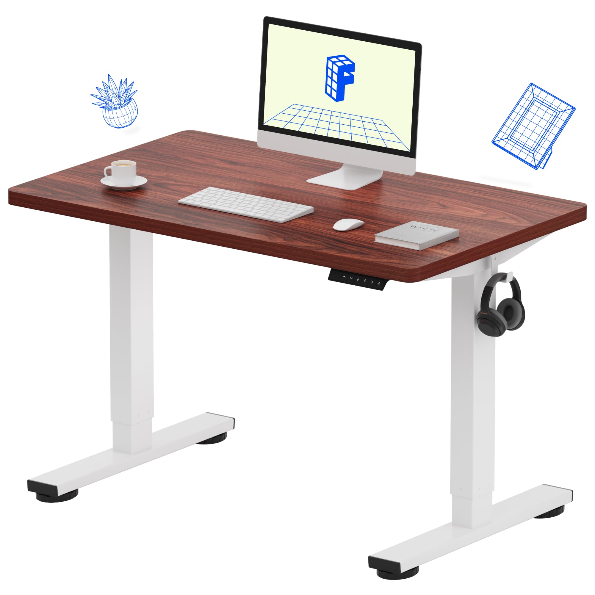 FLEXISPOT EN1 Electric Height Adjustable Standing Desk 40 x 24 Inches - Small Space Home Office Sit Stand Desk with White Frame & Mahogany Desktop (2 Packages) - Perfect for Work from Home, Gaming & Study Setup