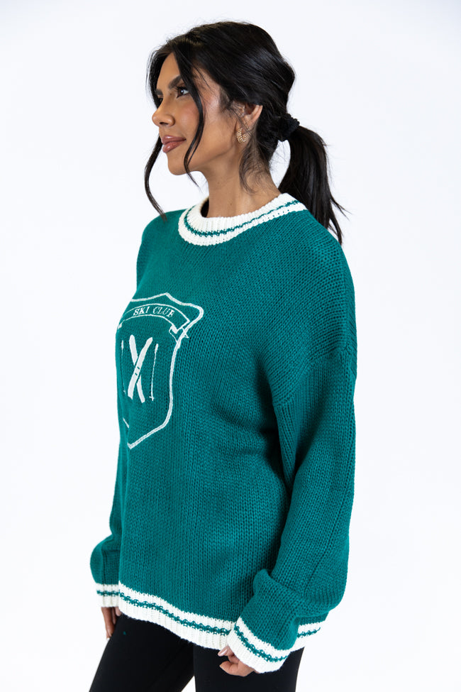 Green and Ivory Embroidered Ski Club Sweater - Cozy Winter Pullover for Skiing & Après-Ski | Final Sale