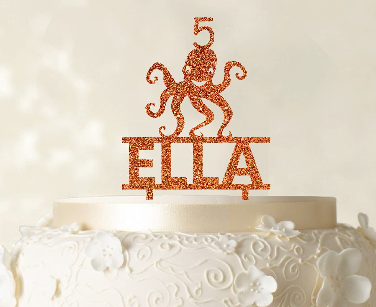 Custom Name Cake Topper with Octopus Figure - Glitter Birthday Cake Decorations (6-7 Inches Wide) - Perfect for Birthday Parties, Baby Showers & Wedding Cakes