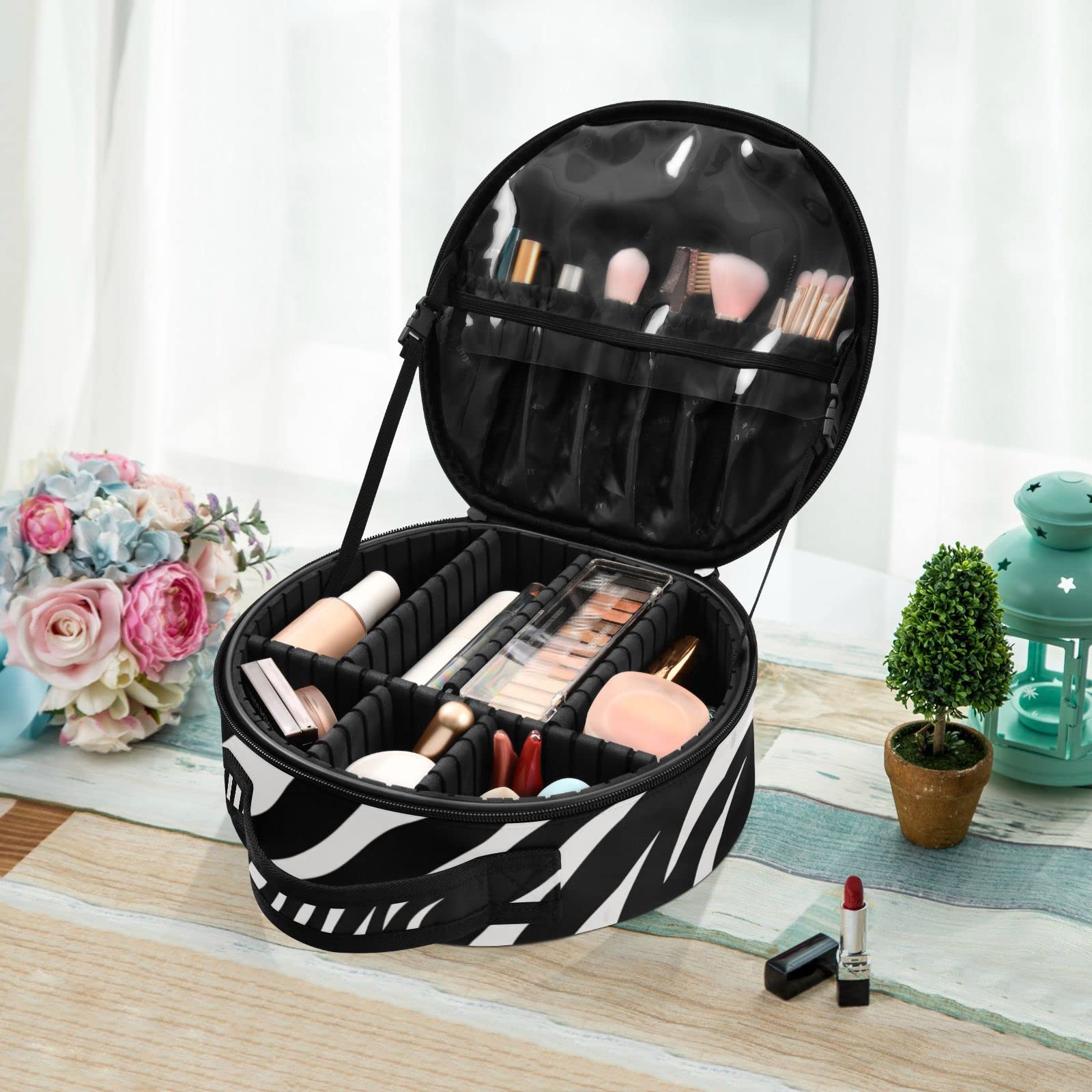 Linqin Portable Makeup Bag for Women - Travel Makeup Organizer with Adjustable Dividers, Black White Zebra Fur Cosmetic Case for Brushes, Toiletries & Jewelry | Perfect for Travel, Gym & Daily Use