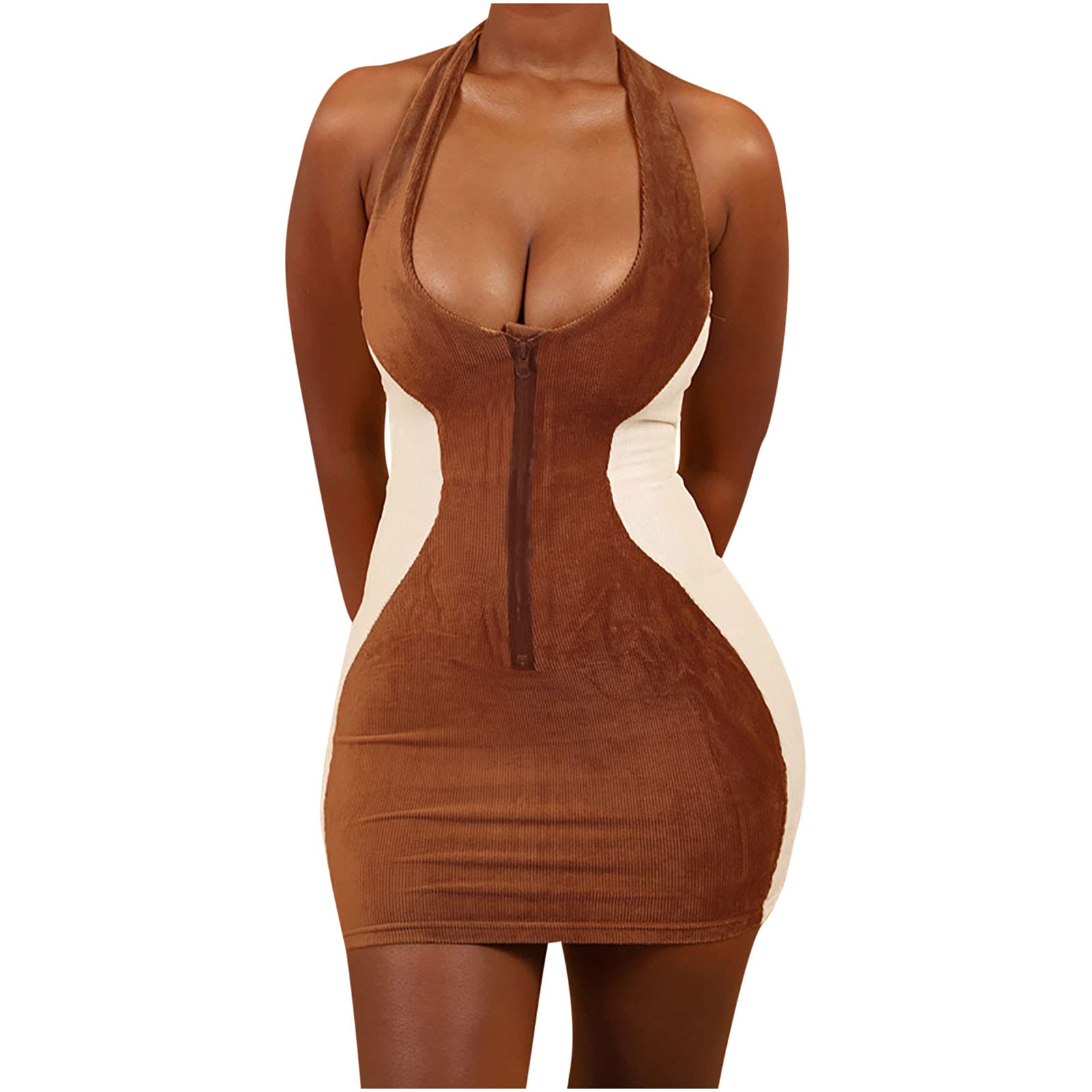 Sexy Summer Halter Dress with Zipper - Slim Fit Color Block Sundress for Wedding Guest, Party, Graduation & Cocktail Events | Beach Outfits & Date Night Fashion
