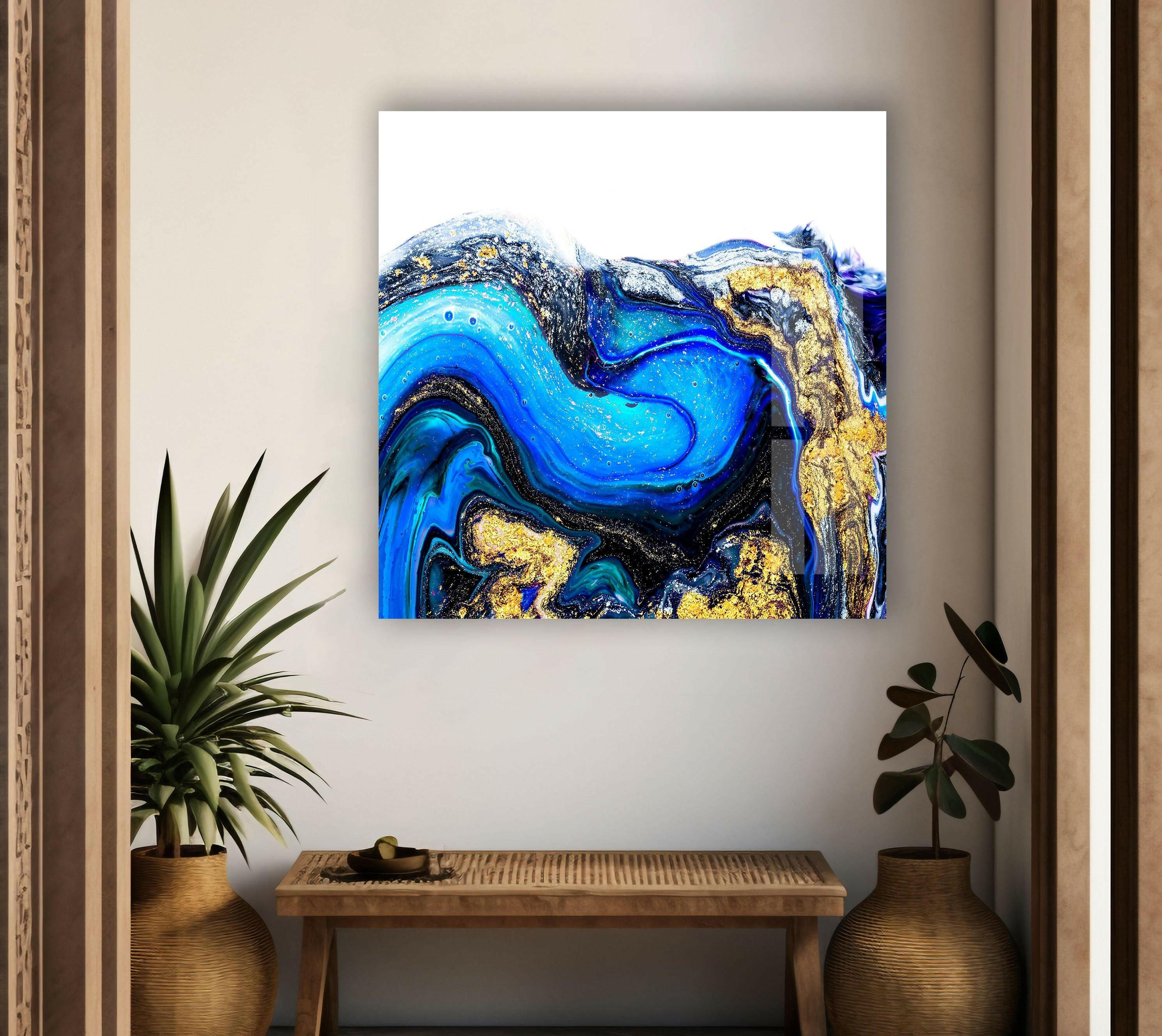 Blue Gold Marble Abstract Glass Wall Art - Modern Home Decor for Living Room, Bedroom & Office - Elegant Handmade Glass Panel for Contemporary Interior Design