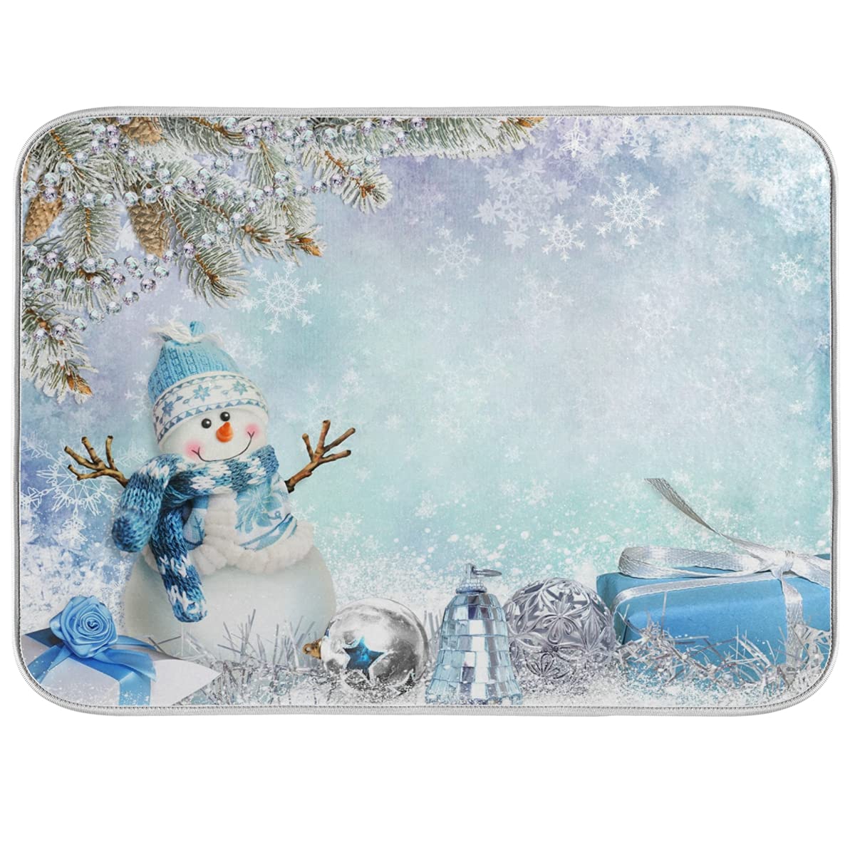 Reversible Absorbent Microfiber Snowman Dish Drying Mat - 18x24 Inch Snowflake Kitchen Counter Decor for Holiday & Everyday Use