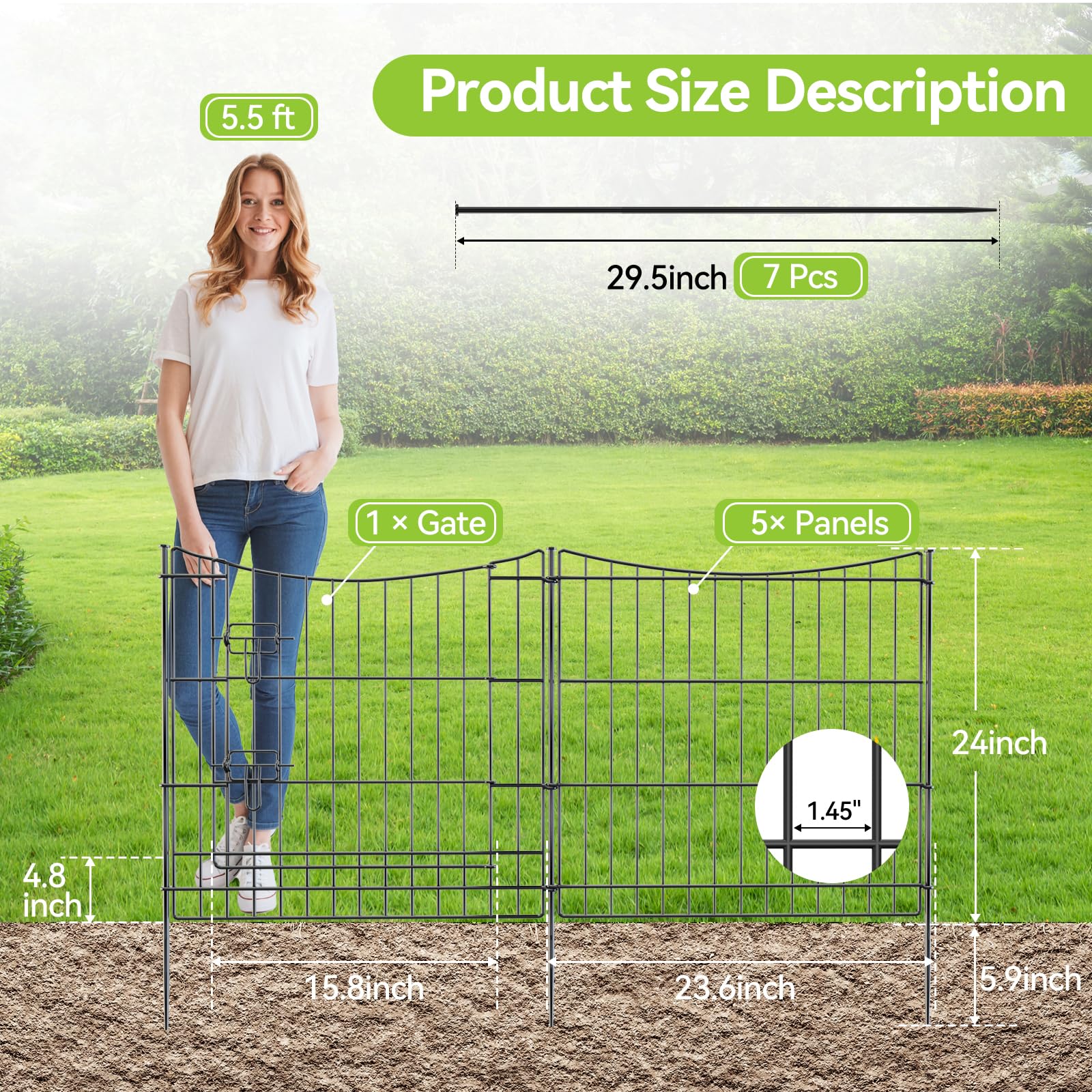 INJOPEXI 6-Panel Decorative Garden Fence - 11.8ft Length × 24in Height, Rustproof Metal Wire No-Dig Temporary Fencing with Gate - Ideal for Rabbit, Dog, and Animal Barrier in Yard, Outdoor Patio, and Garden Protection
