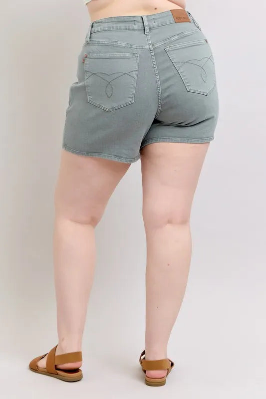 Judy Blue Women's Plus Size Garment Dyed Shorts with Back Pocket Embroidery - Comfortable Casual Wear for Summer Outings & Beach Vacations