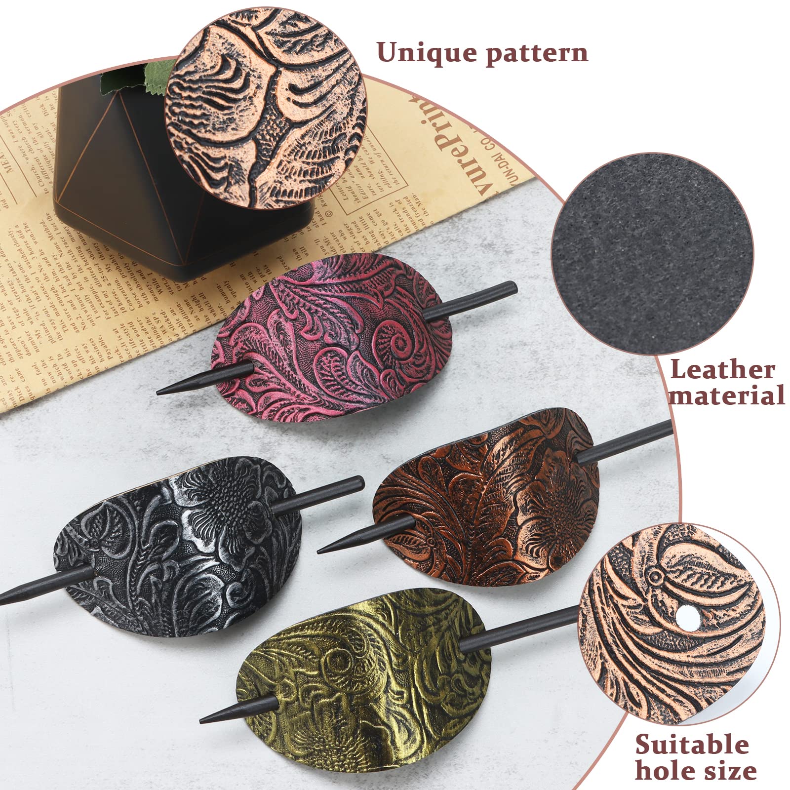 6 Pieces Leather Hair Barrettes with Stick Hair Accessories - Ponytail Clips, Hair Sticks & Pins for Women's Long Hair | Perfect for Weddings, Parties & Everyday Styling