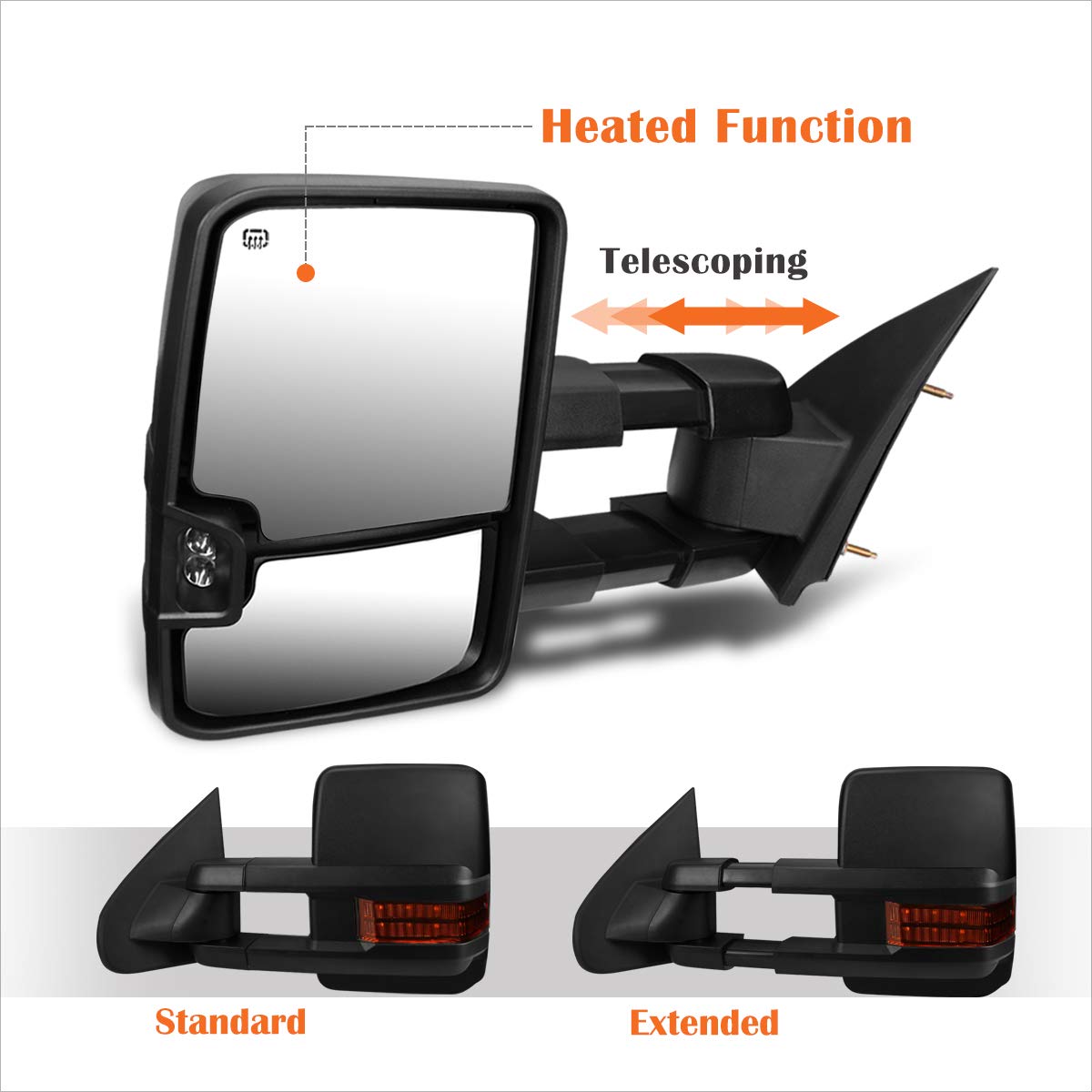 Pair of Power Heated Towing Mirrors with Amber LED Turn Signal - Compatible with Chevy Silverado & GMC Sierra 2014-2017 (Black) | Enhanced Visibility for Winter Driving & Towing Trailers