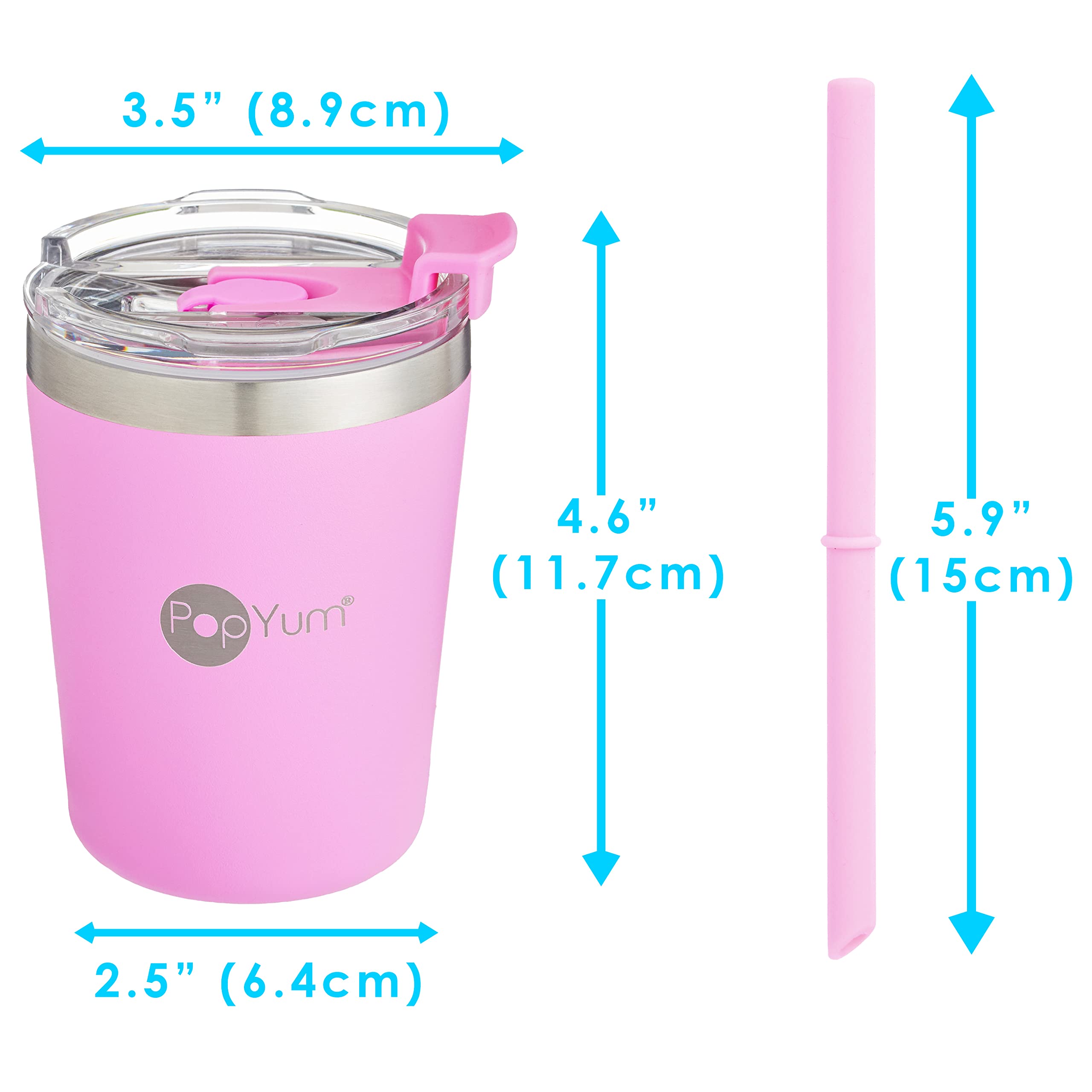 PopYum 9oz Insulated Stainless Steel Kids Cups with Lid & Straw - 2 Pack (Green & Pink) | Stackable, Leak Proof, Double Wall Vacuum Insulated Sippy Cup for Babies, Toddlers & Children | Perfect for Daycare, Travel, School & Home Use